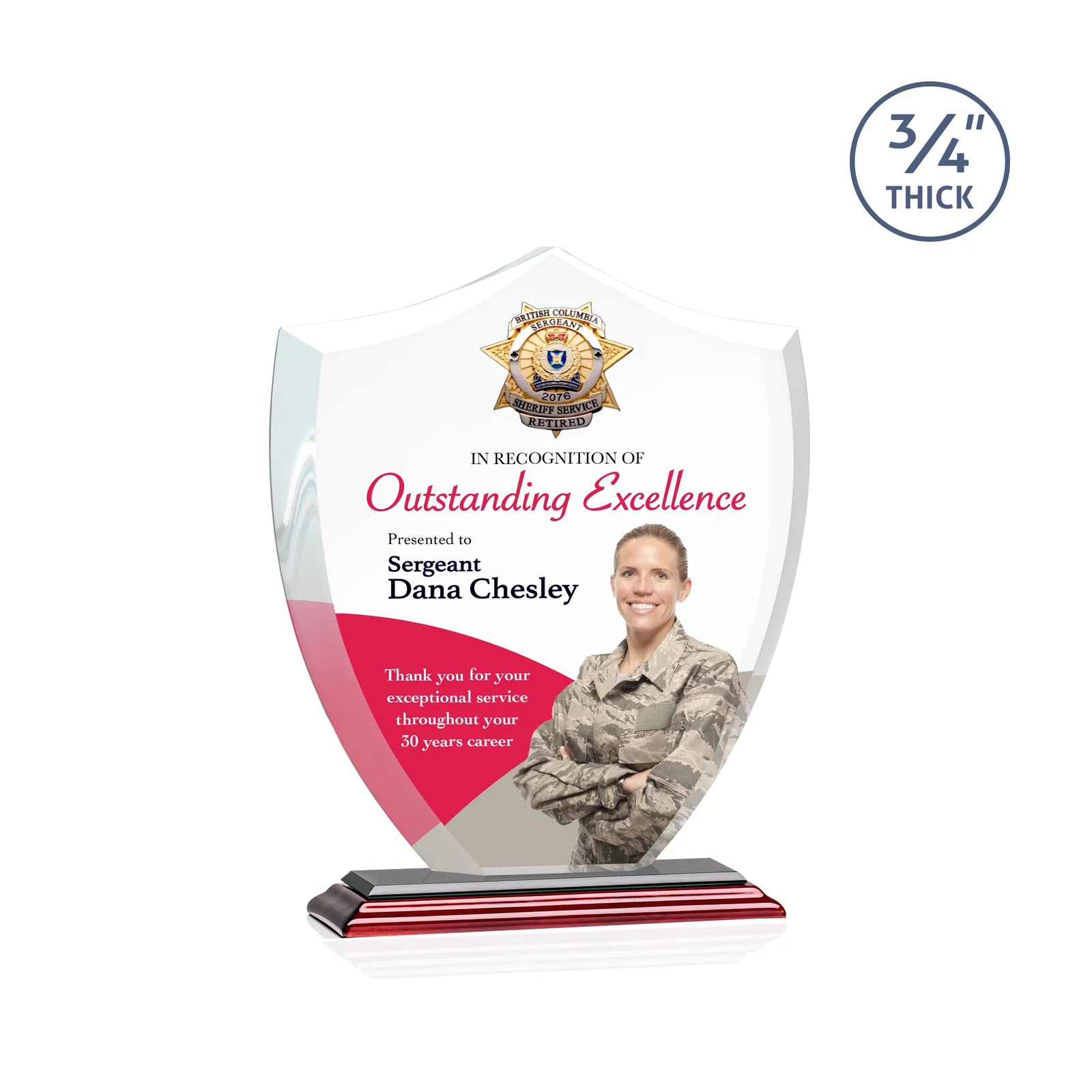 Custom printed Starfire Crystal Shield Award on Mitered Base, wood awards for dealer and partner awards