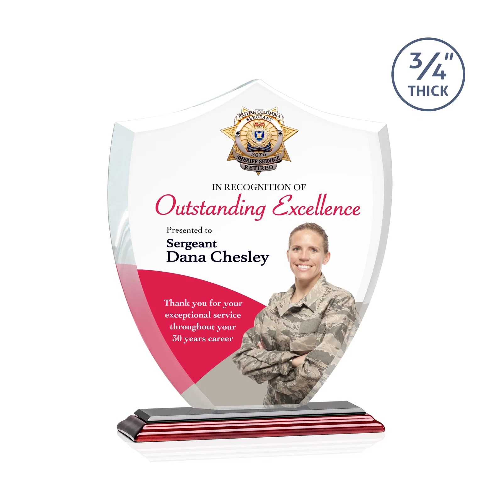 Custom printed Starfire Crystal Shield Award on Mitered Base, wood awards for company anniversary events