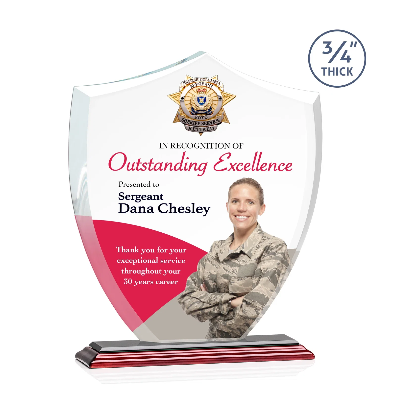Customized Starfire Crystal Shield Award on Mitered Base, wood awards for employee recognition