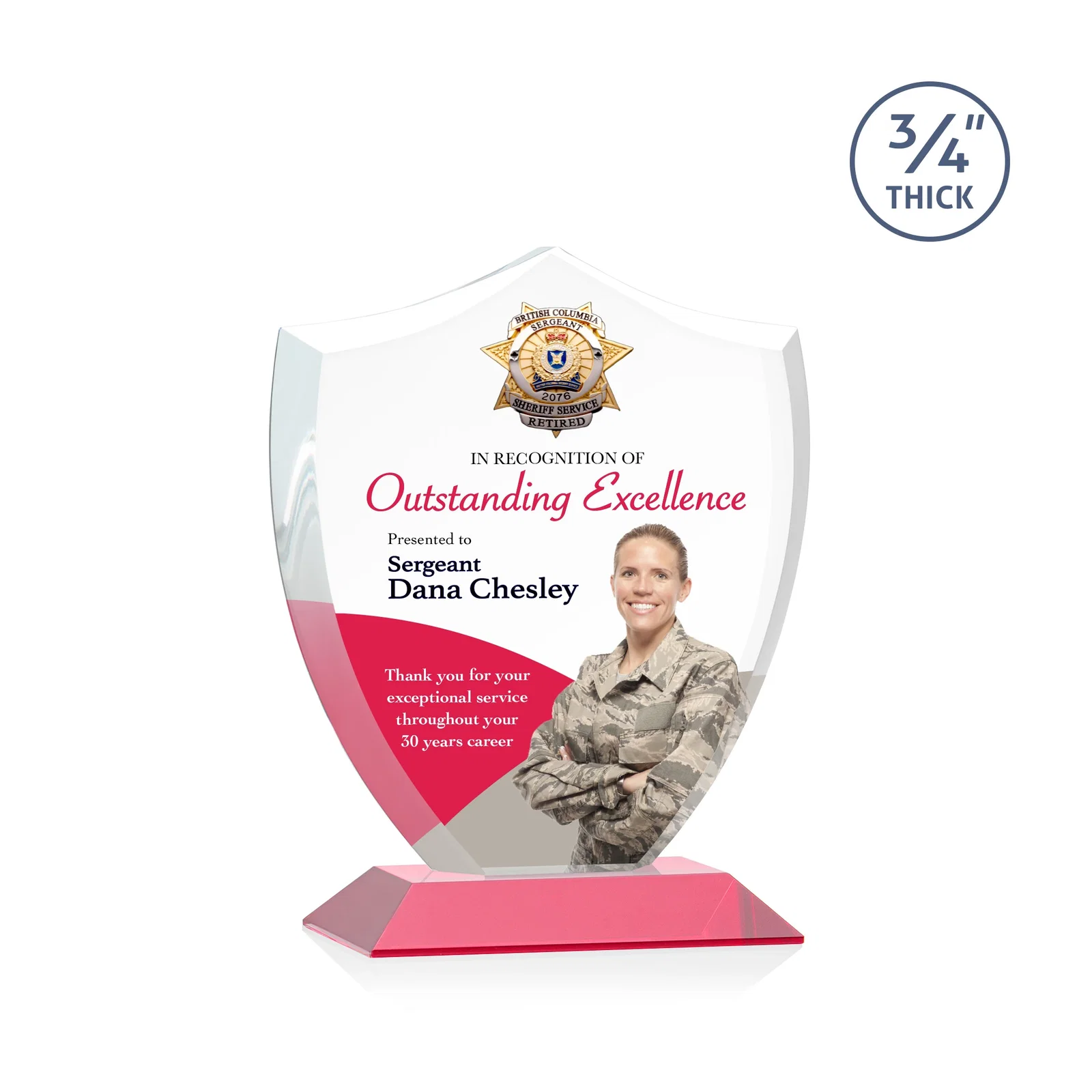 Customized Starfire Crystal Shield Award on Mitered Base, wood awards for service anniversary gifts