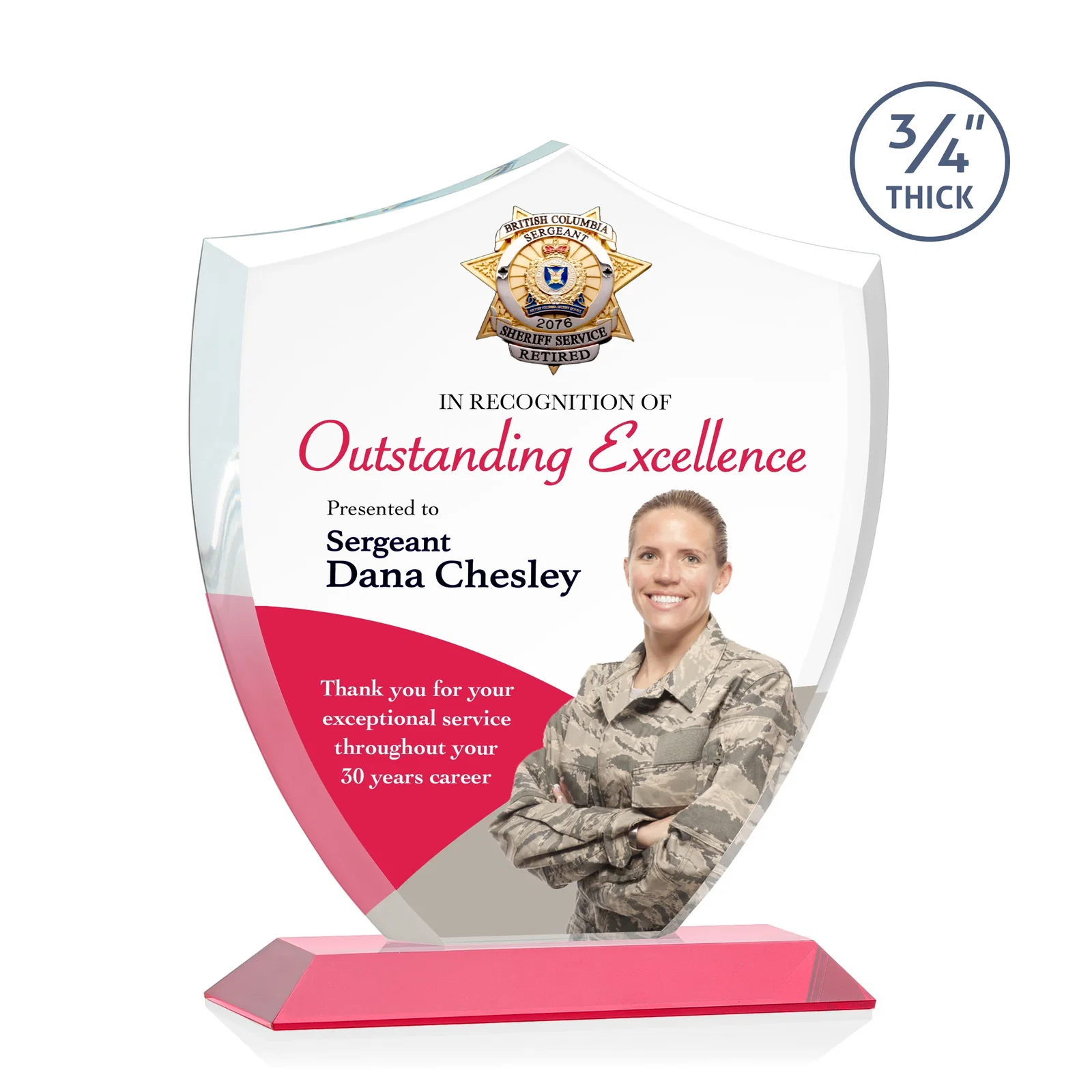 Customized Starfire Crystal Shield Award on Mitered Base, wood awards for retirement presentations
