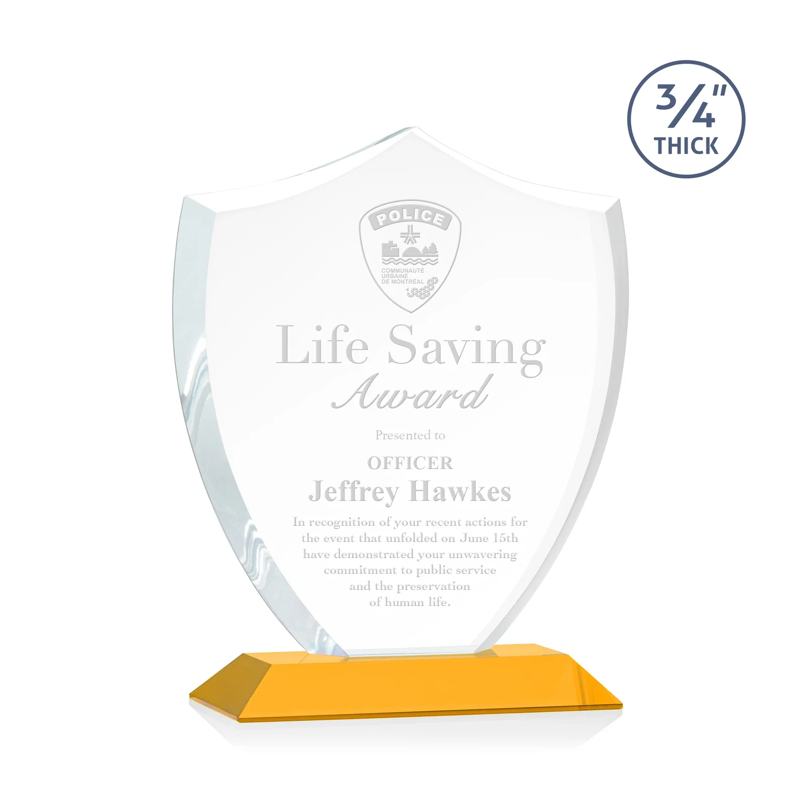 Custom Starfire Crystal Shield Award on Mitered Base, wood awards for graduation ceremonies