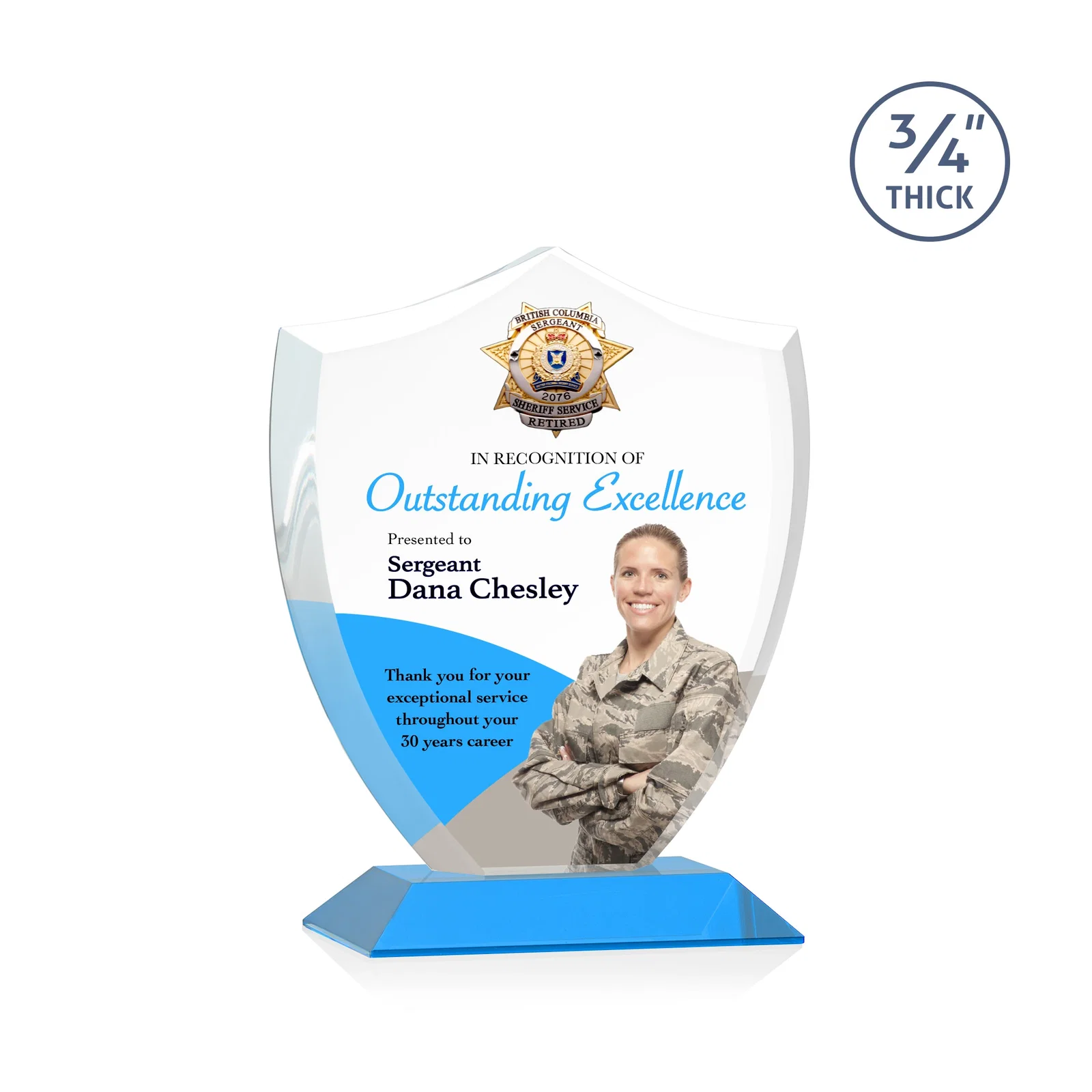 Customized Starfire Crystal Shield Award on Mitered Base, wood awards for donor appreciation