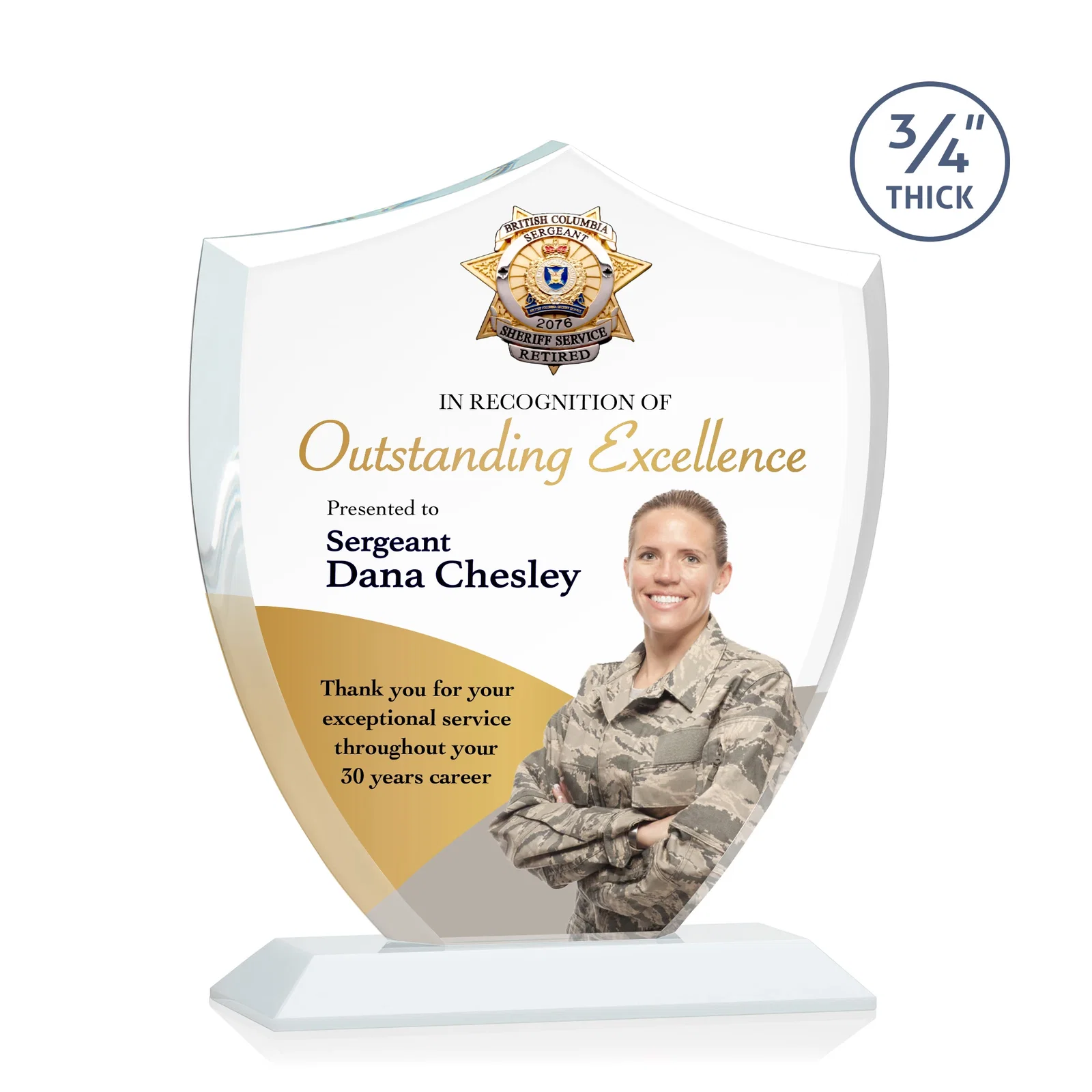 Custom engraved Starfire Crystal Shield Award on Mitered Base, wood awards for employee recognition
