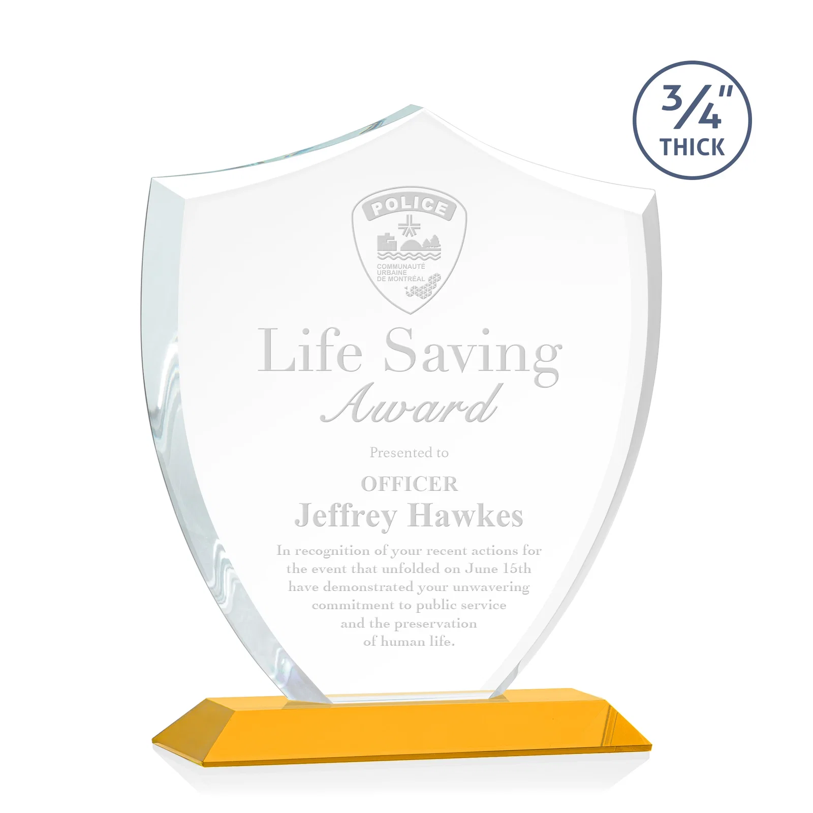 Custom Starfire Crystal Shield Award on Mitered Base, wood awards for safety achievement programs