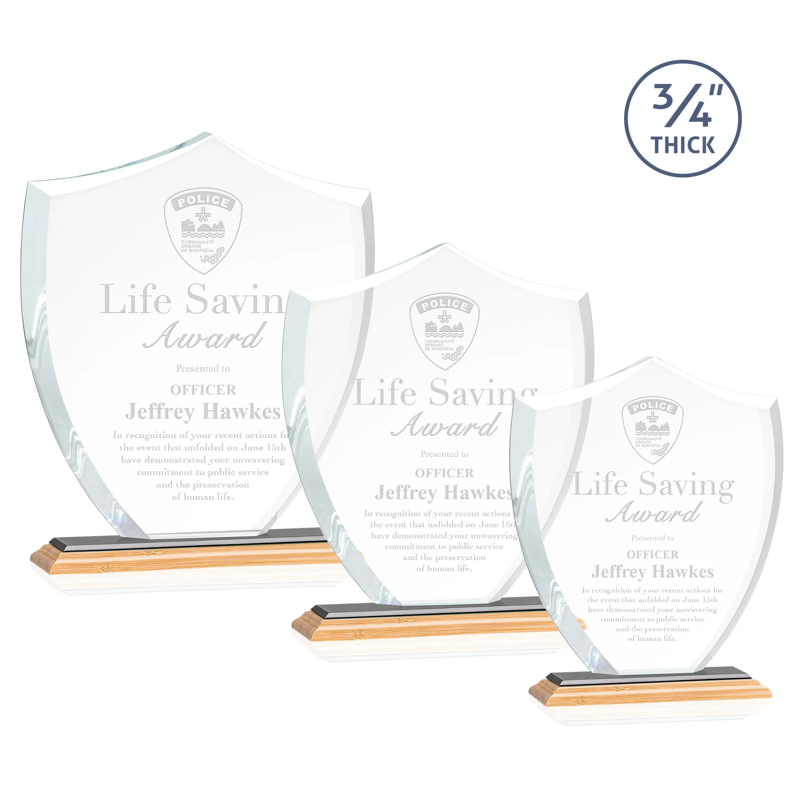 Custom engraved Starfire Crystal Shield Award on Mitered Base, wood awards for corporate award ceremonies