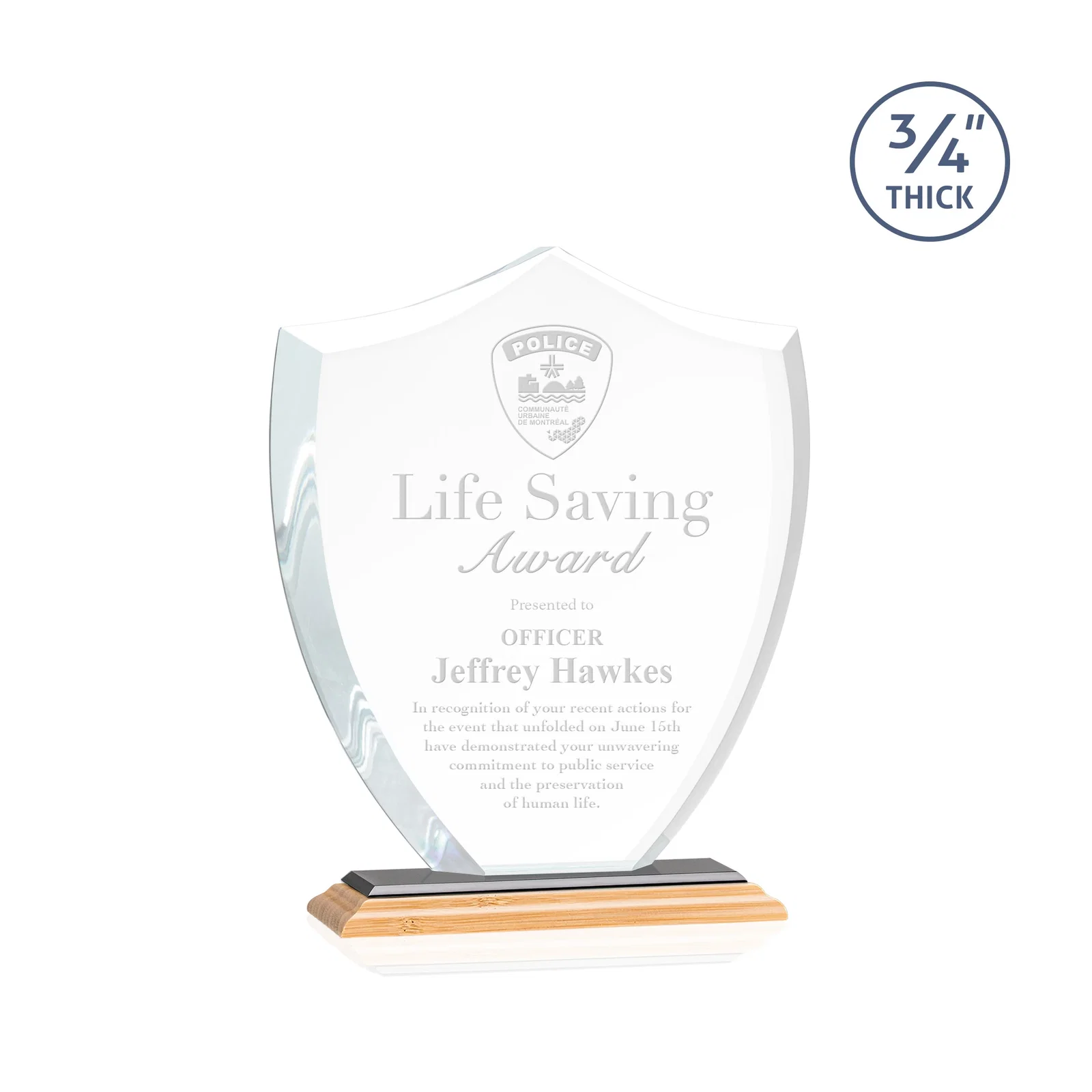 Custom engraved Starfire Crystal Shield Award on Mitered Base, wood awards for service anniversary gifts