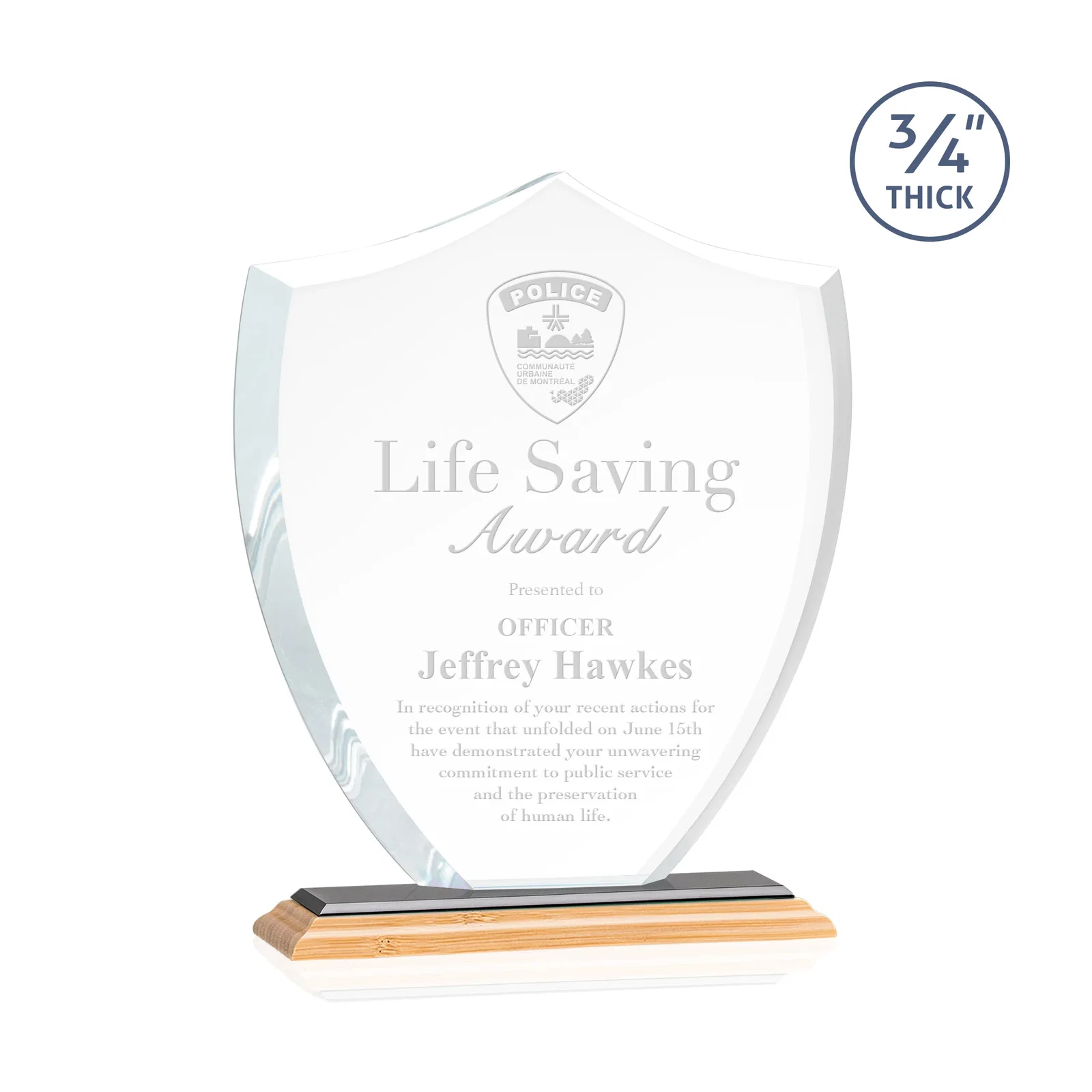 Custom engraved Starfire Crystal Shield Award on Mitered Base, wood awards for sales achievement awards