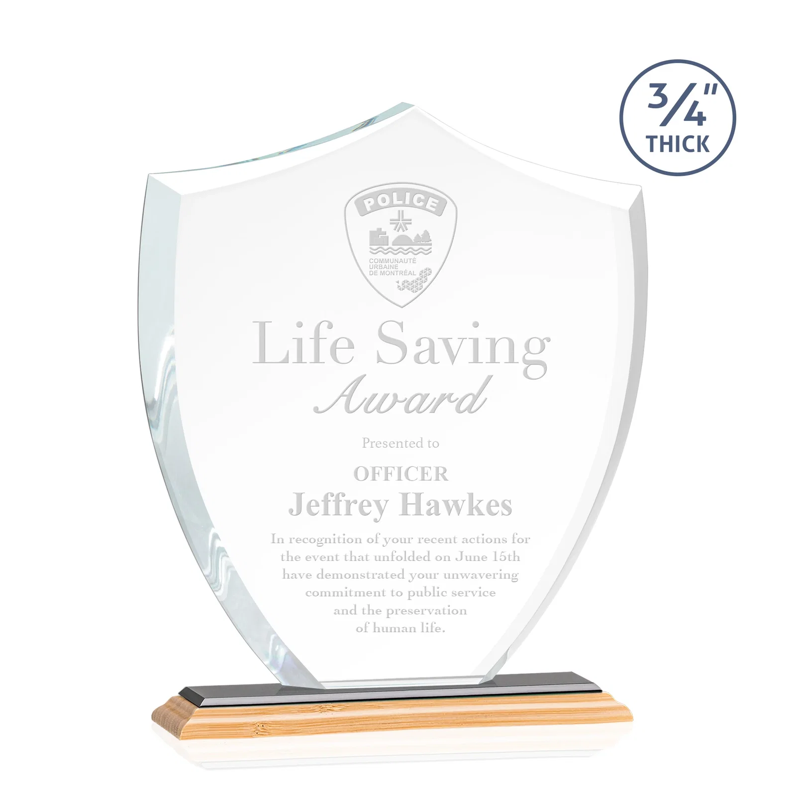 Custom engraved Starfire Crystal Shield Award on Mitered Base, wood awards for retirement presentations