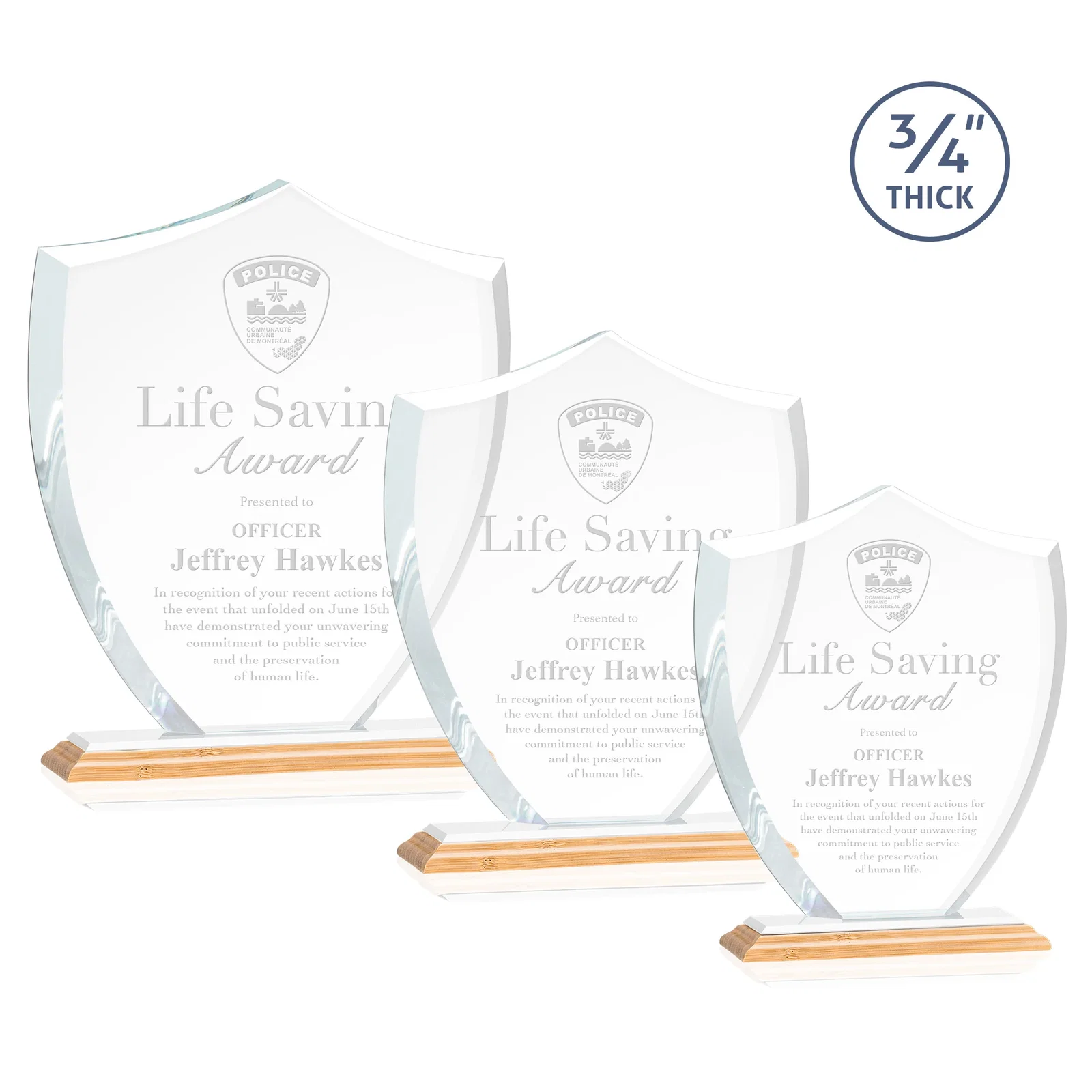 Custom engraved Starfire Crystal Shield Award on Mitered Base, wood awards for team milestone celebrations