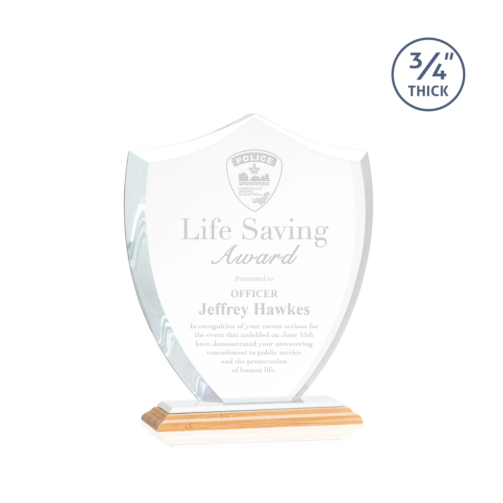 Custom engraved Starfire Crystal Shield Award on Mitered Base, wood awards for donor appreciation
