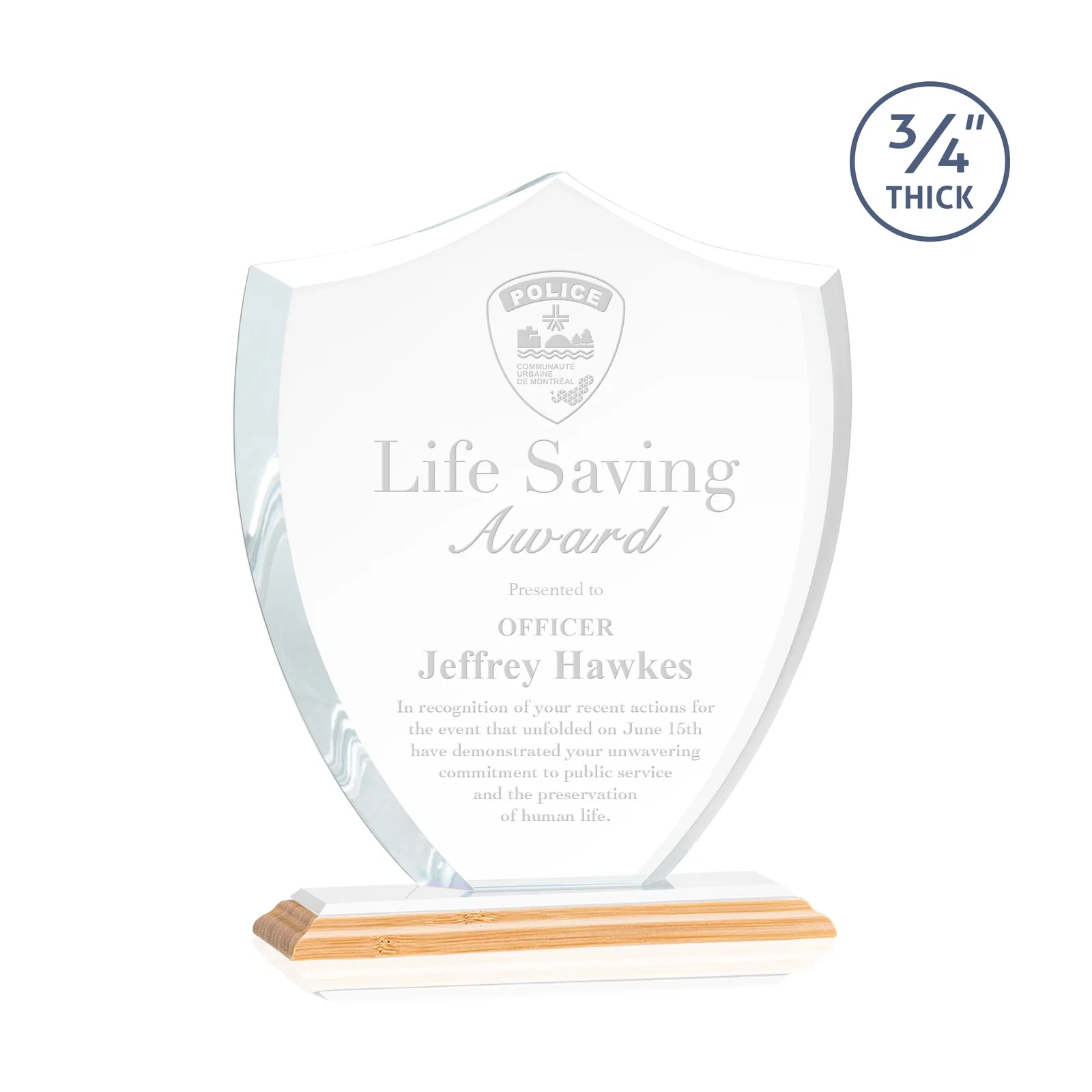 Custom engraved Starfire Crystal Shield Award on Mitered Base, wood awards for graduation ceremonies