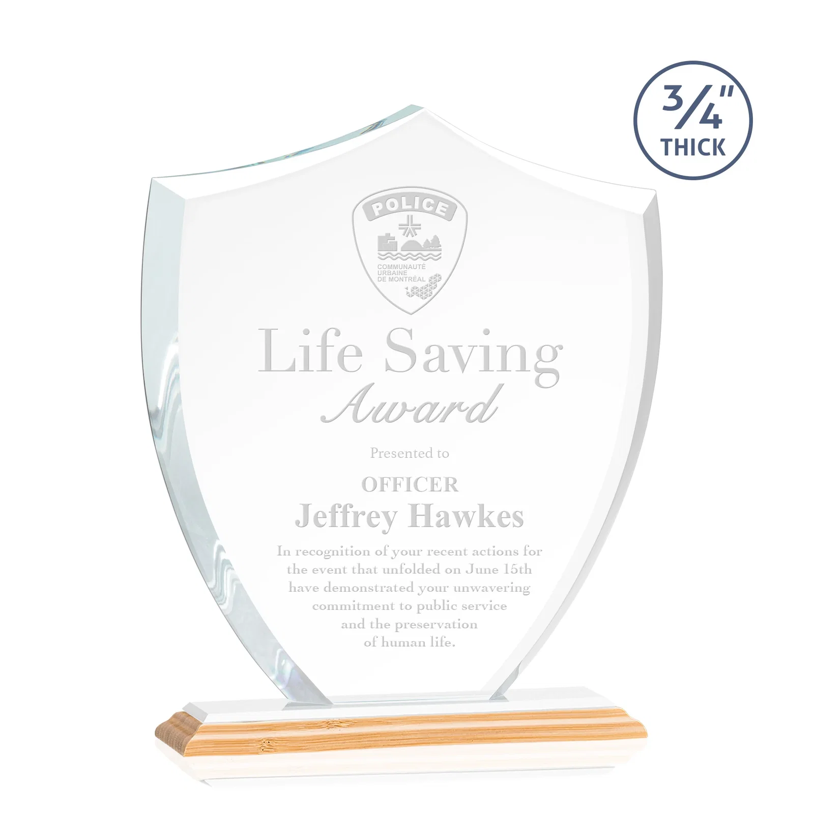 Custom engraved Starfire Crystal Shield Award on Mitered Base, wood awards for safety achievement programs