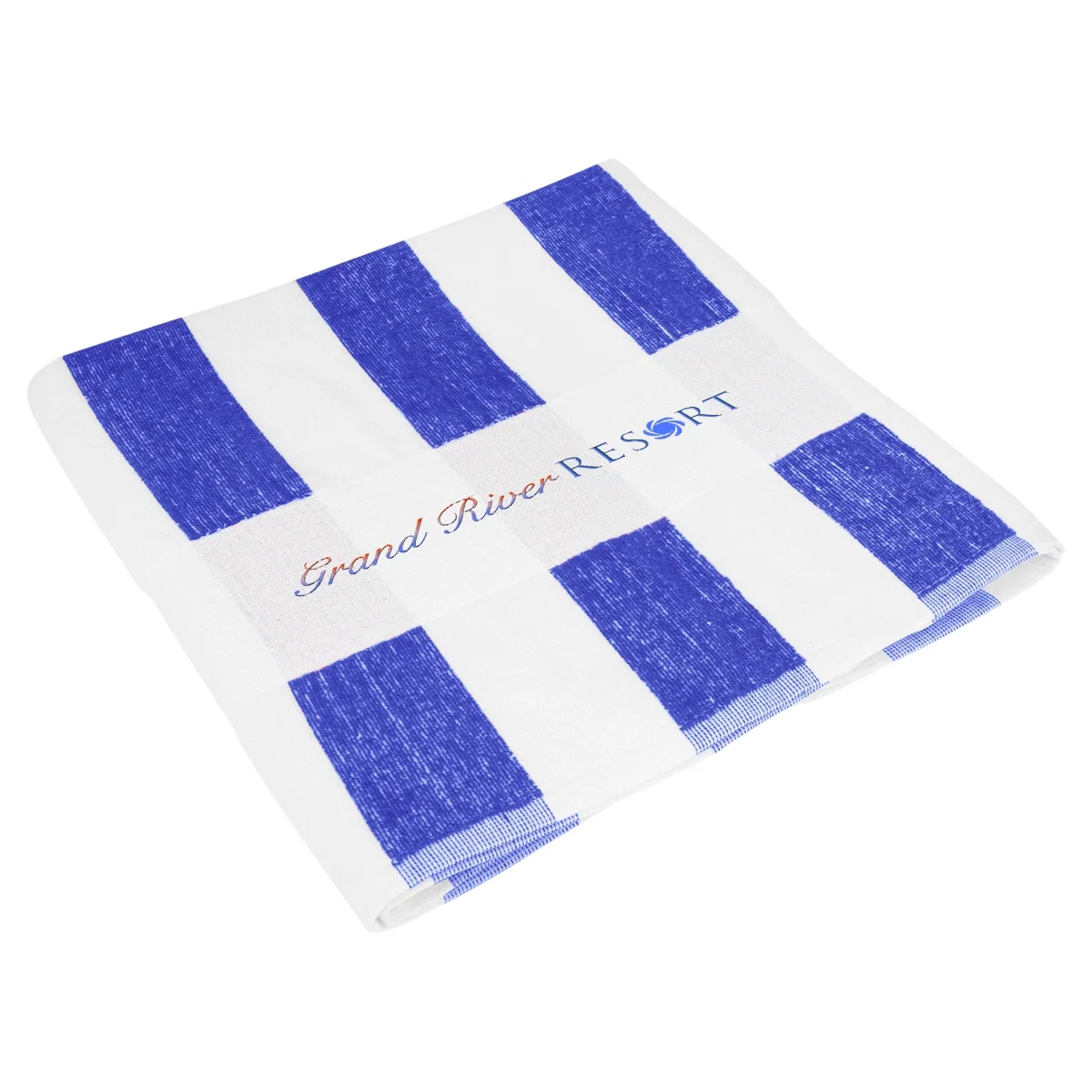 Striped beach towel spread out flat to show its full length