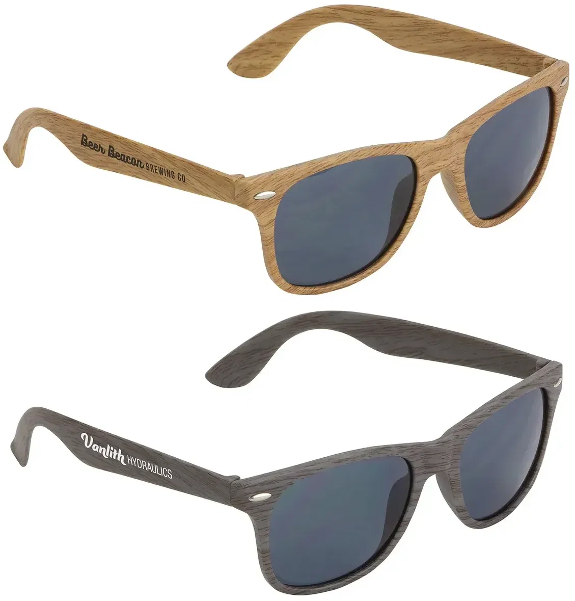 Sebring custom wood grain sunglasses with branded logo, front view