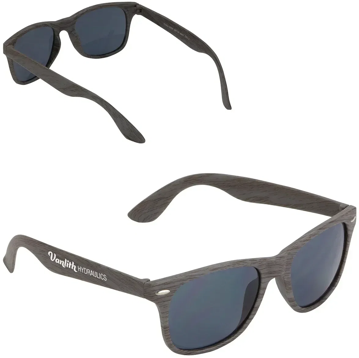 Branded promotional Sebring sunglasses side profile showing wood-grain temples