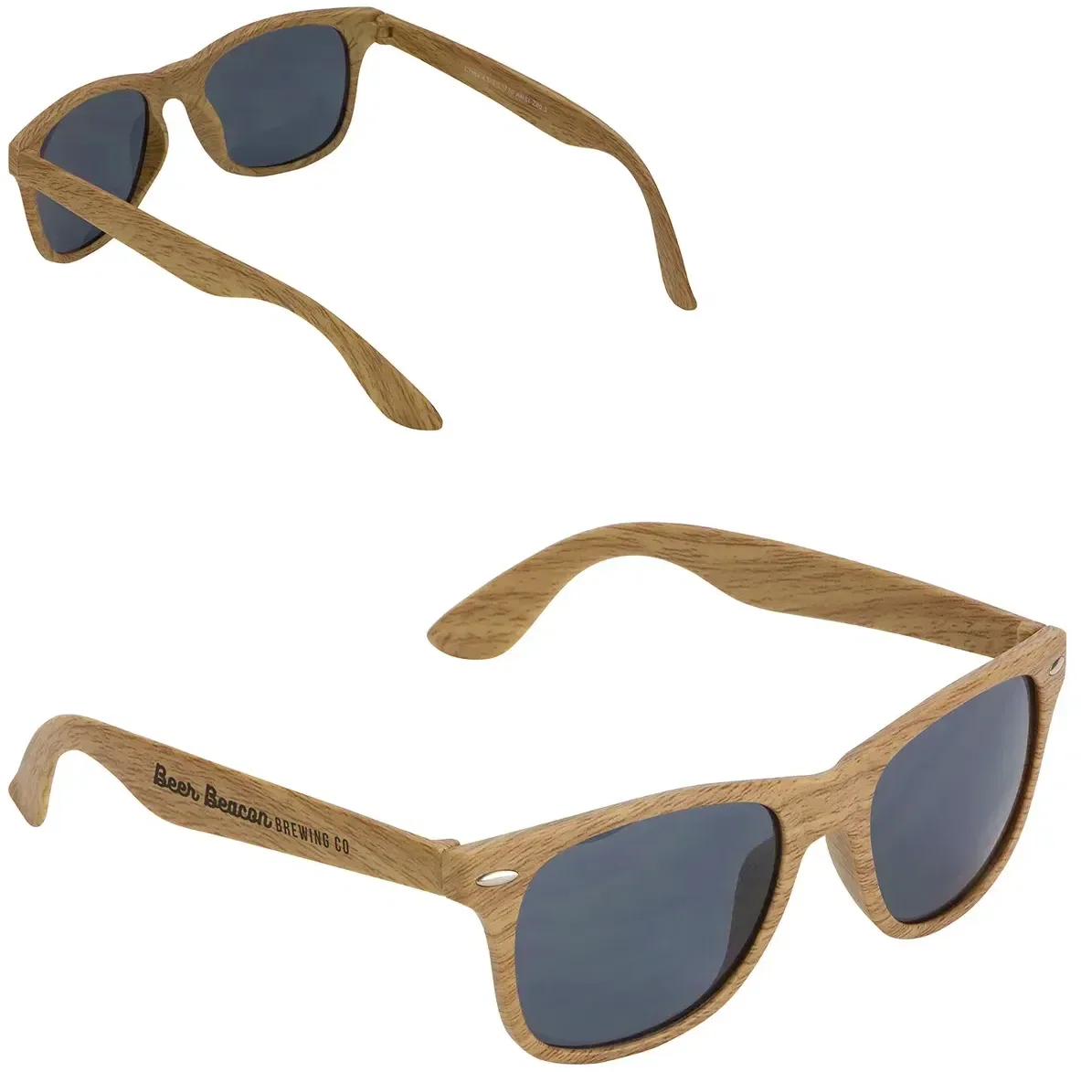 Custom Sebring wood grain sunglasses angled view with logo imprint area