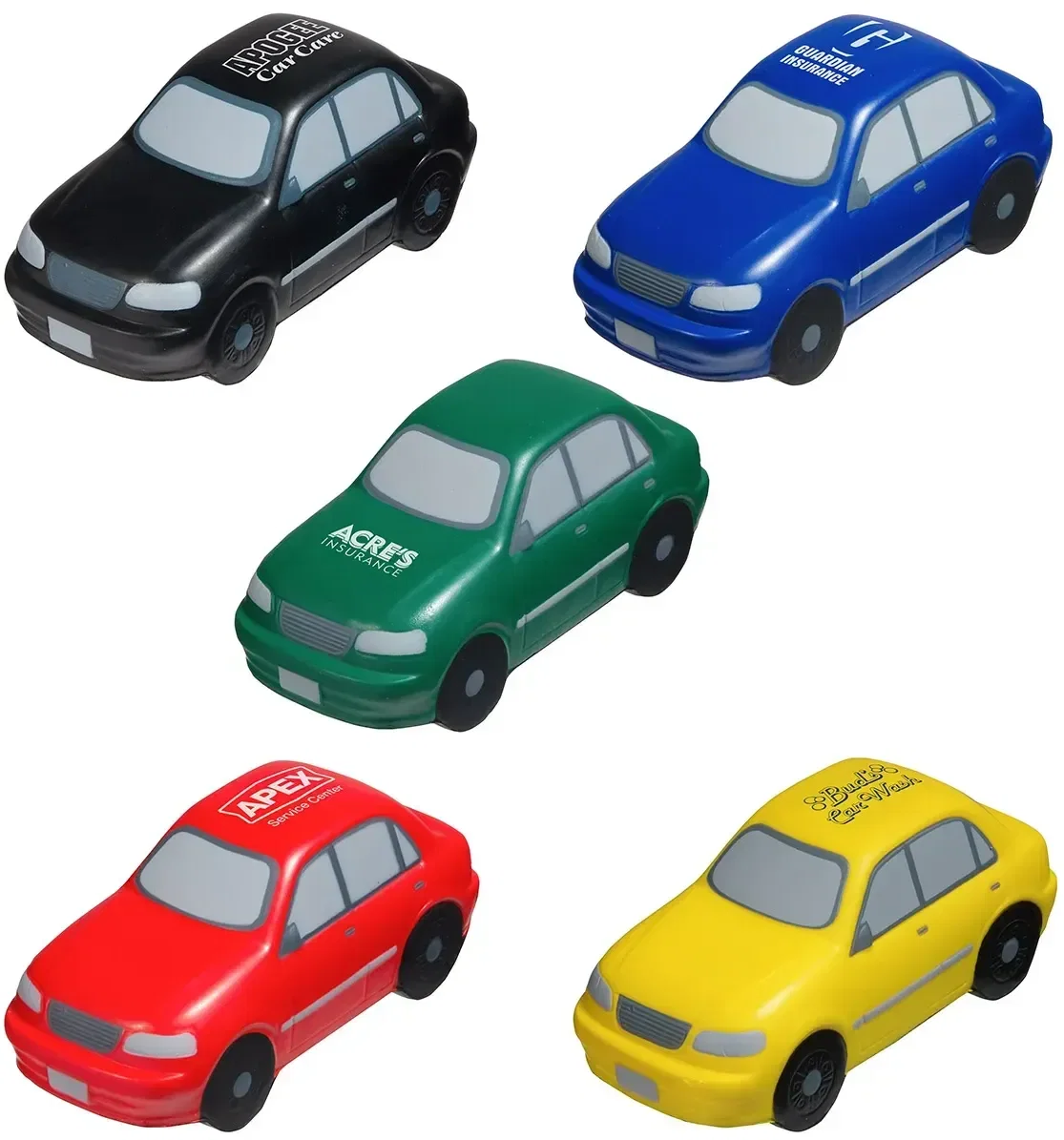 Custom Sedan Stress Reliever, front view of the branded foam car squeeze toy for auto dealer logo giveaways