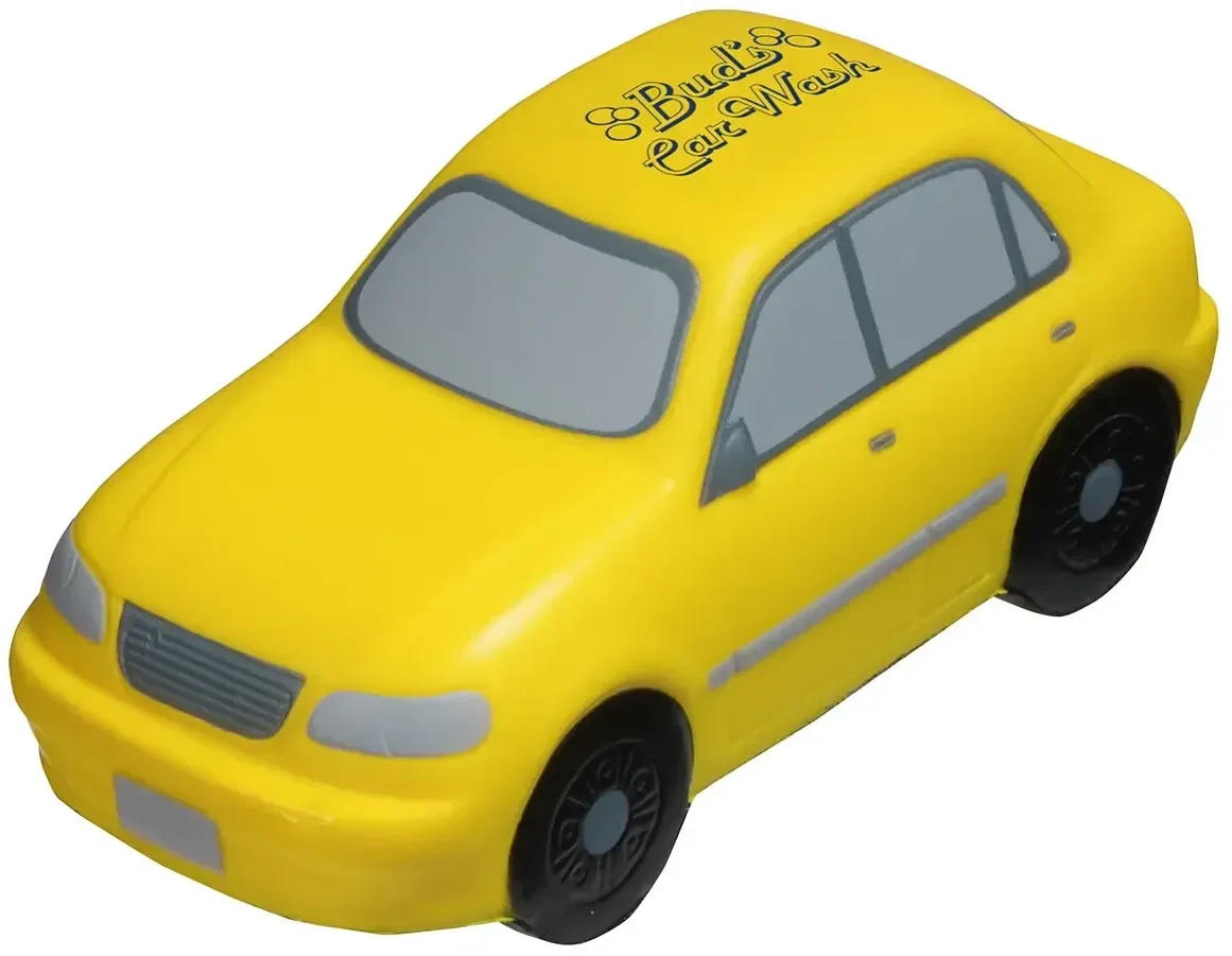Rear view of the custom Sedan Stress Reliever, a branded foam car squeeze toy for logo giveaways