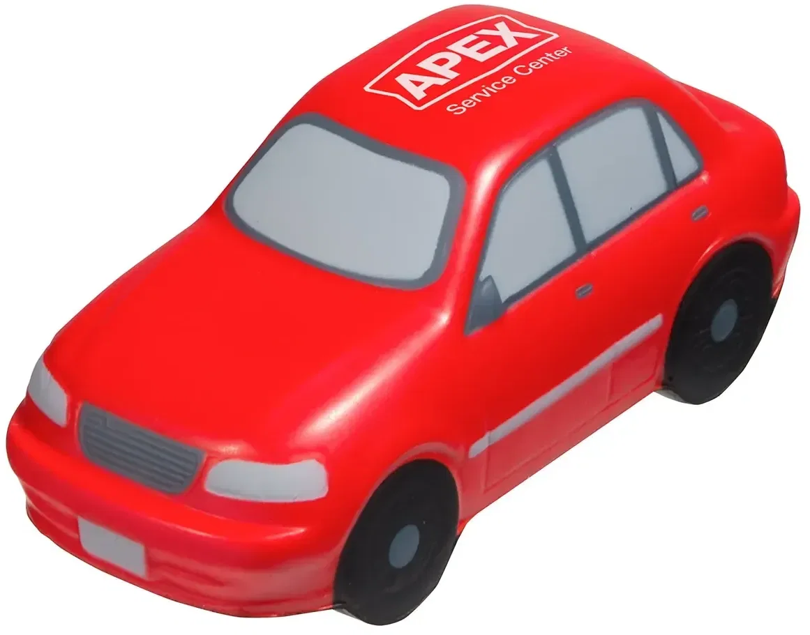 Angled view of the custom Sedan Stress Reliever showing the foam car body for branded promotional logo gifts