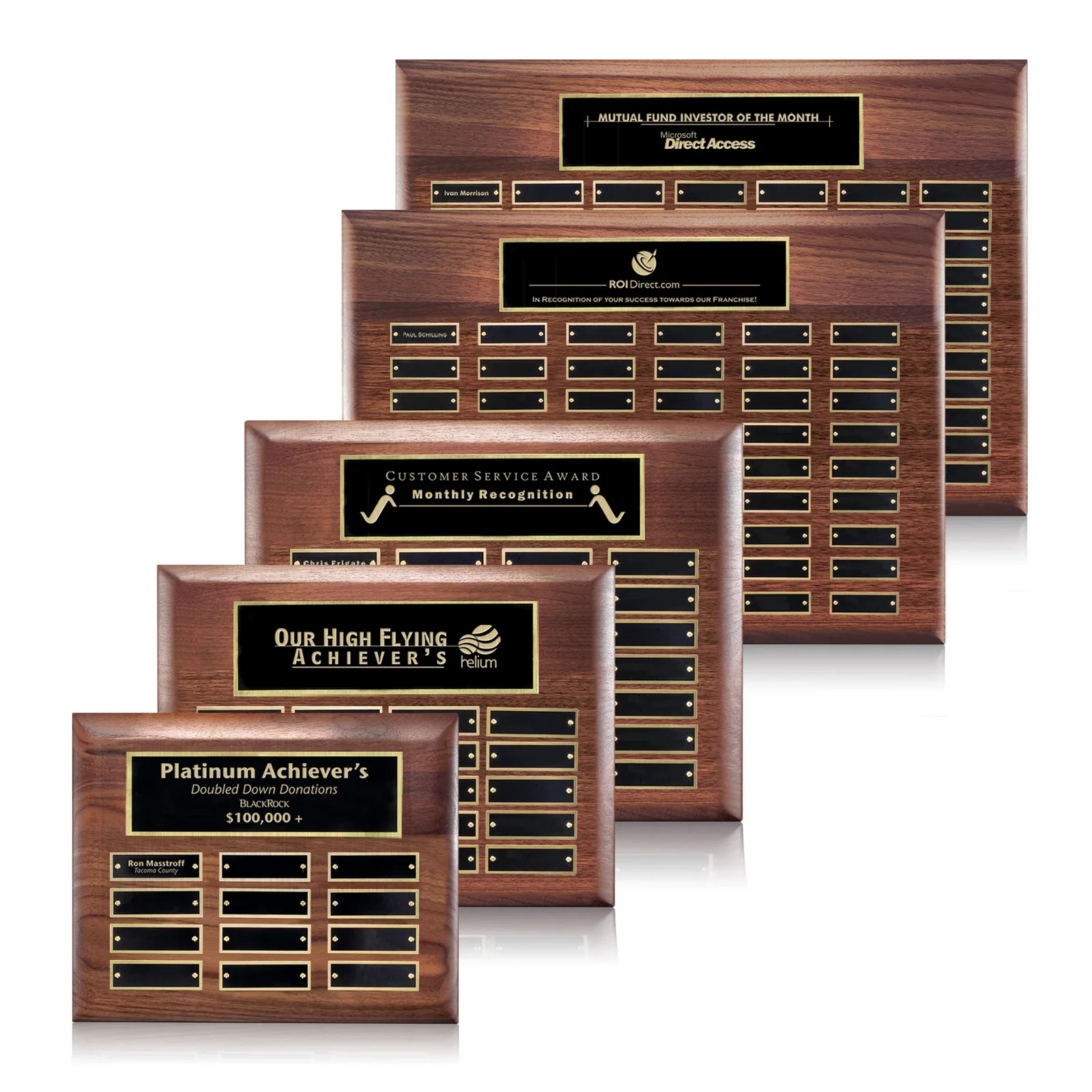 Custom American Walnut Piano Finish Plaque With Pre-Attached Header Plate for employee recognition