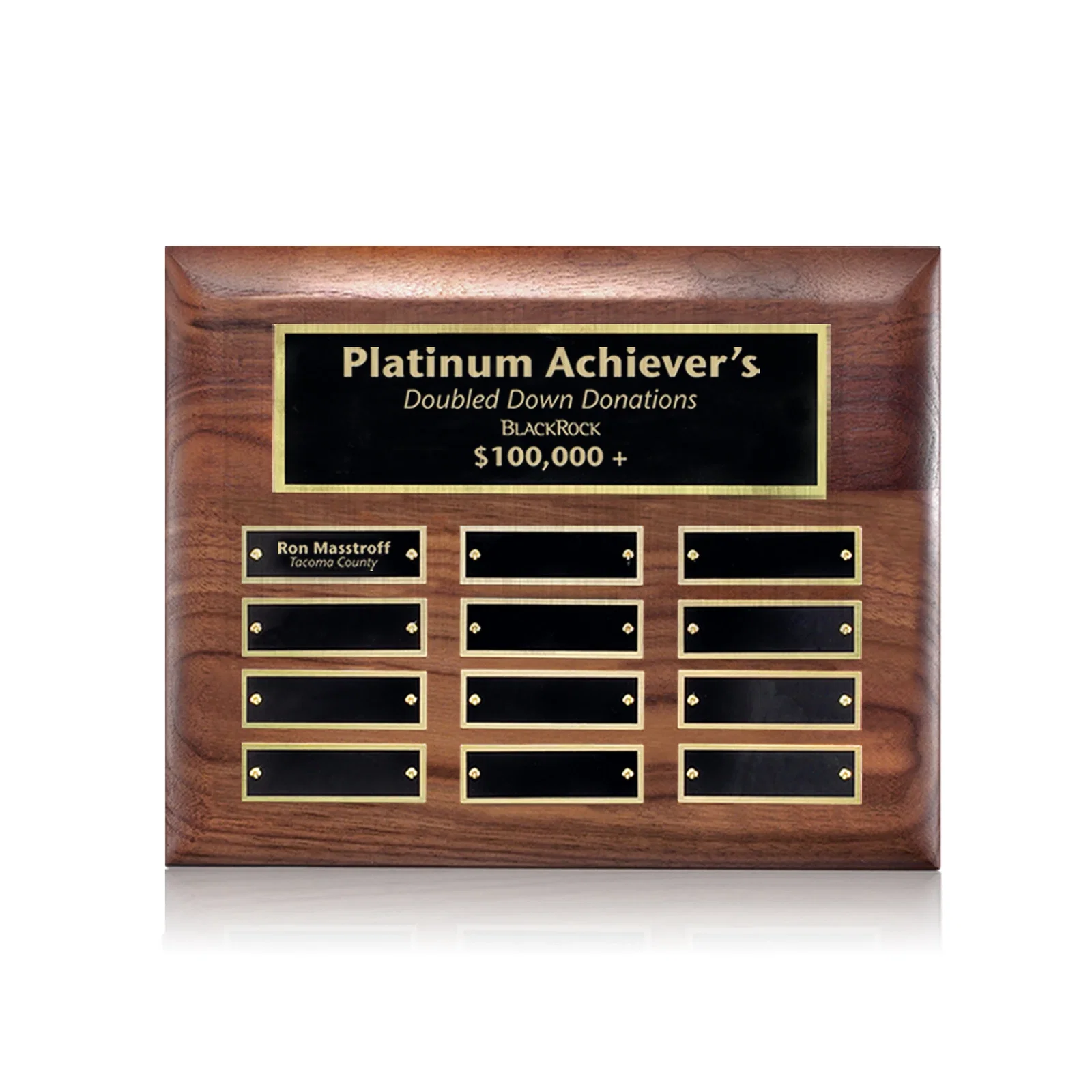 Custom American Walnut Piano Finish Plaque With Pre-Attached Header Plate for corporate award ceremonies