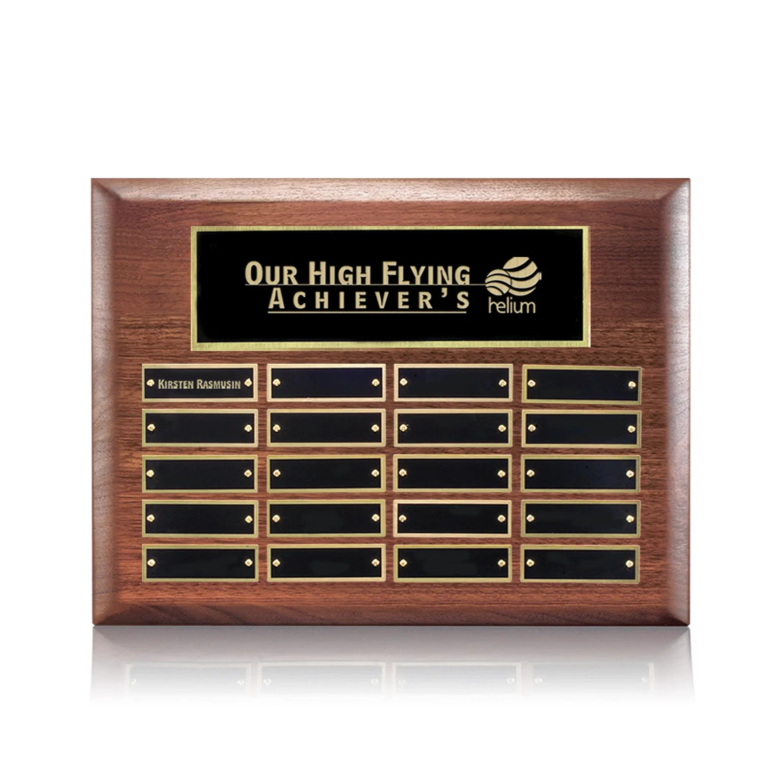 Custom American Walnut Piano Finish Plaque With Pre-Attached Header Plate for service anniversary gifts