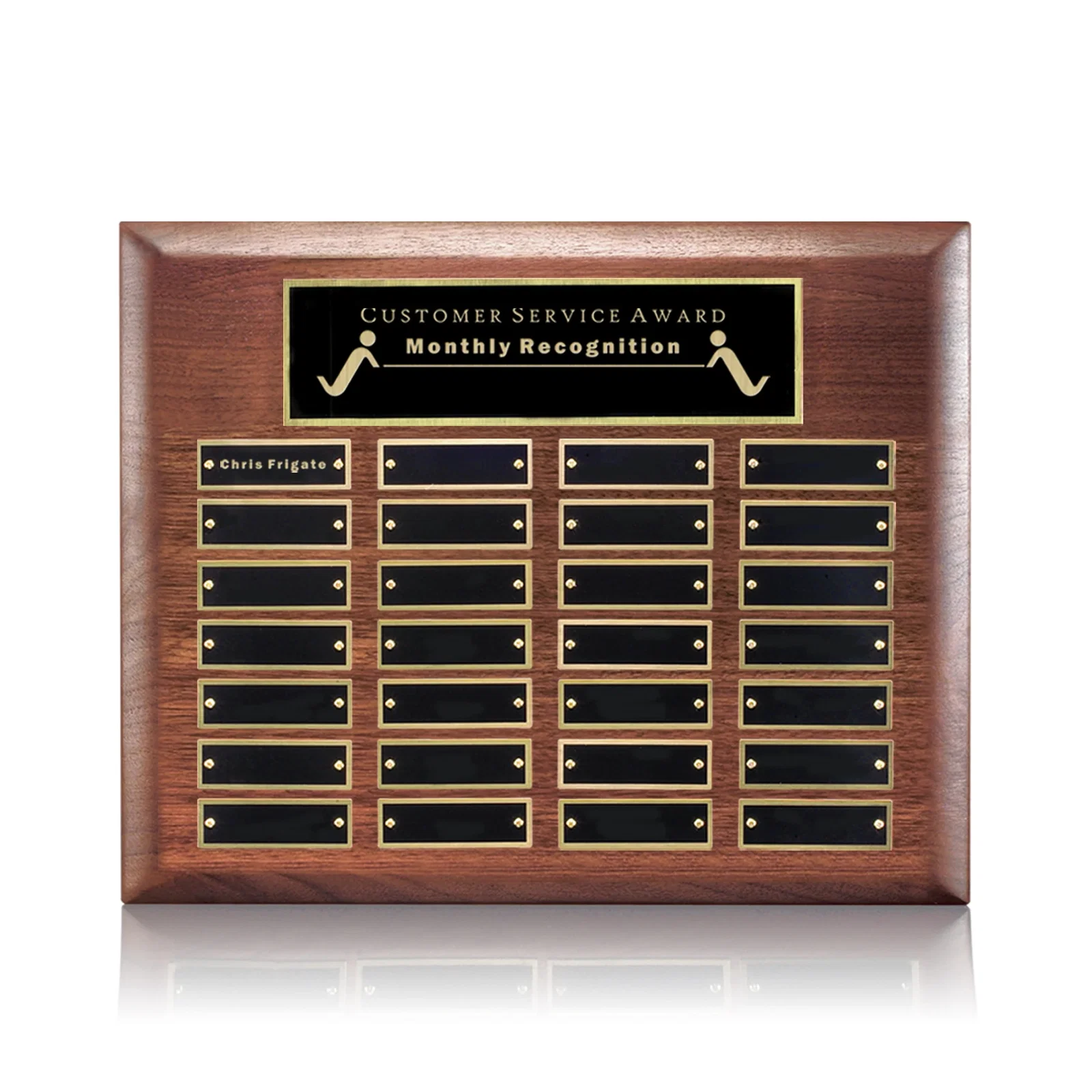 Custom American Walnut Piano Finish Plaque With Pre-Attached Header Plate for sales achievement awards