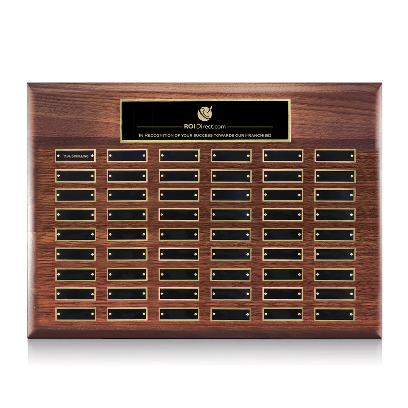 Custom American Walnut Piano Finish Plaque With Pre-Attached Header Plate for retirement presentations