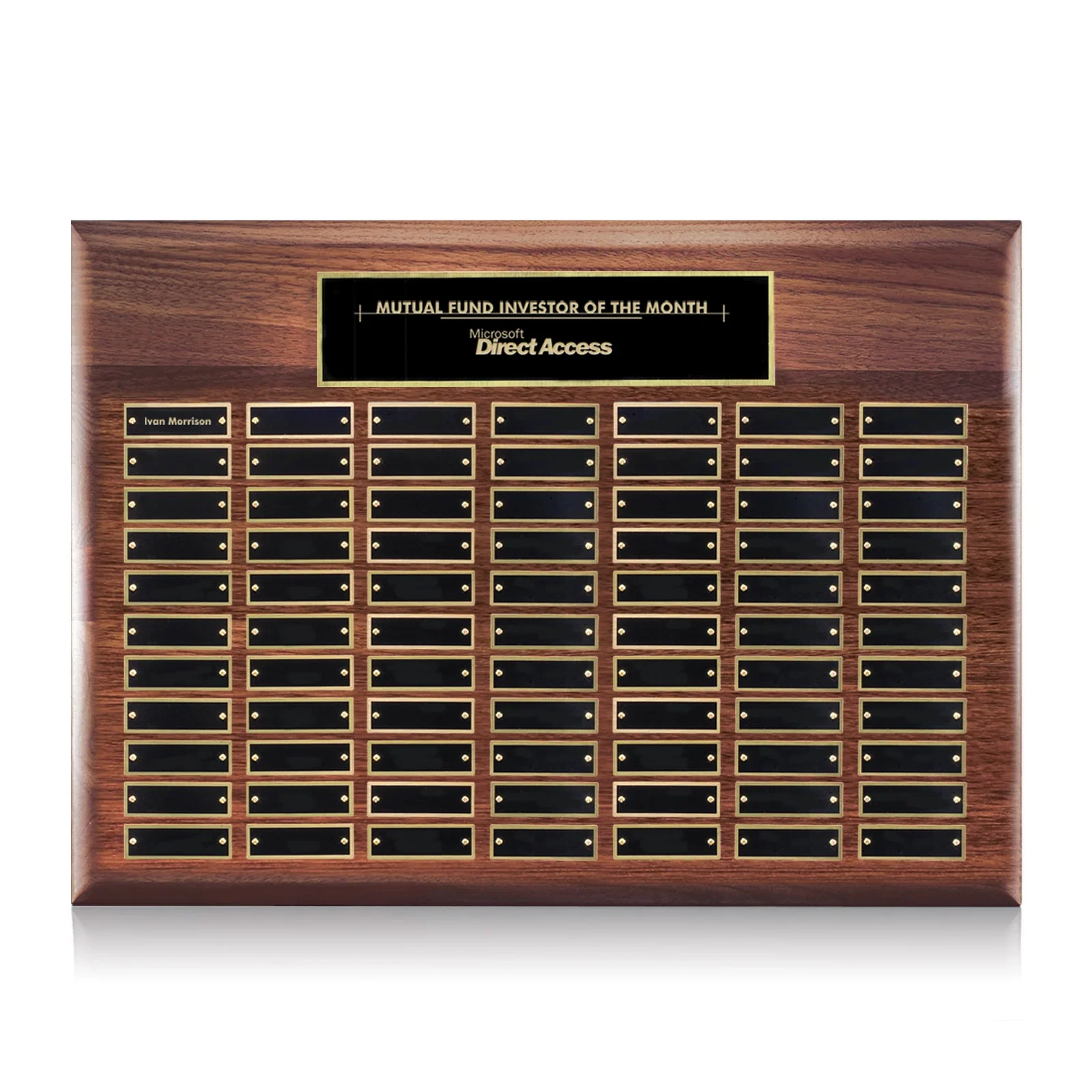 Custom American Walnut Piano Finish Plaque With Pre-Attached Header Plate for team milestone celebrations