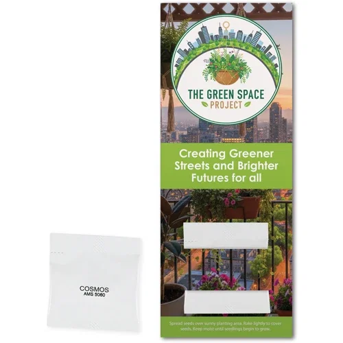 Full-color Seed Packet Bookmark with attached eco-friendly seed packet and custom logo imprint