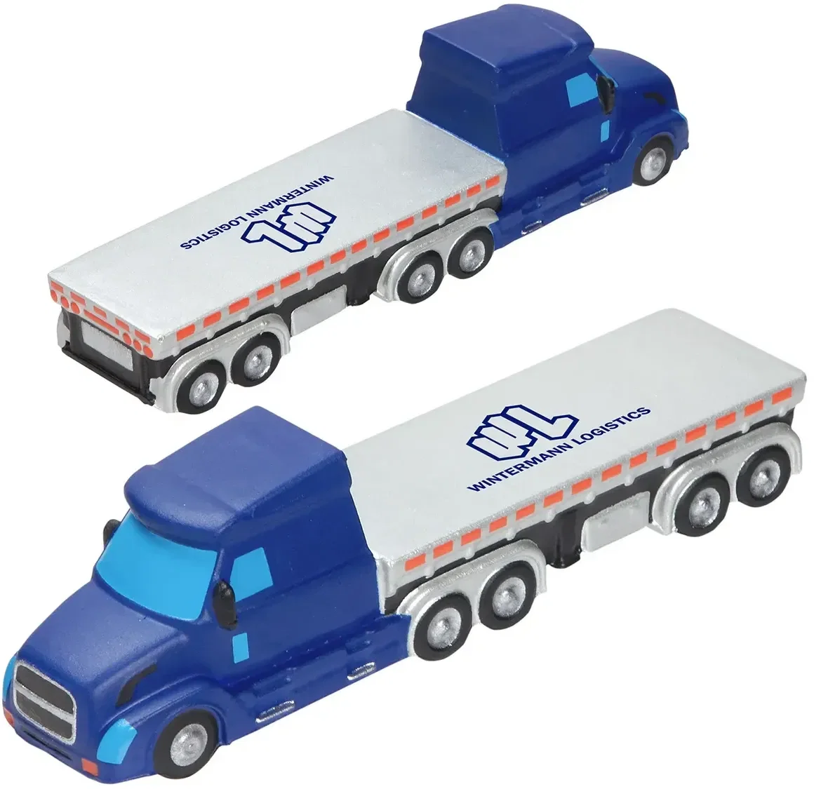 Flatbed semi truck-shaped custom stress reliever squeeze toy with logo, front view