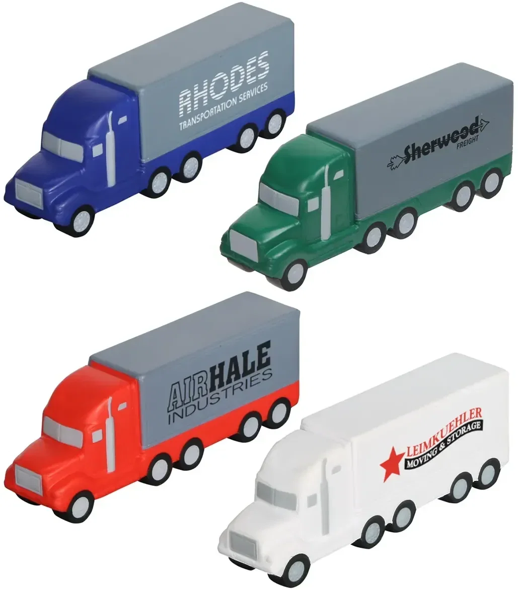 Custom semi truck-shaped promotional stress reliever squeeze toy, front hero view with logo area