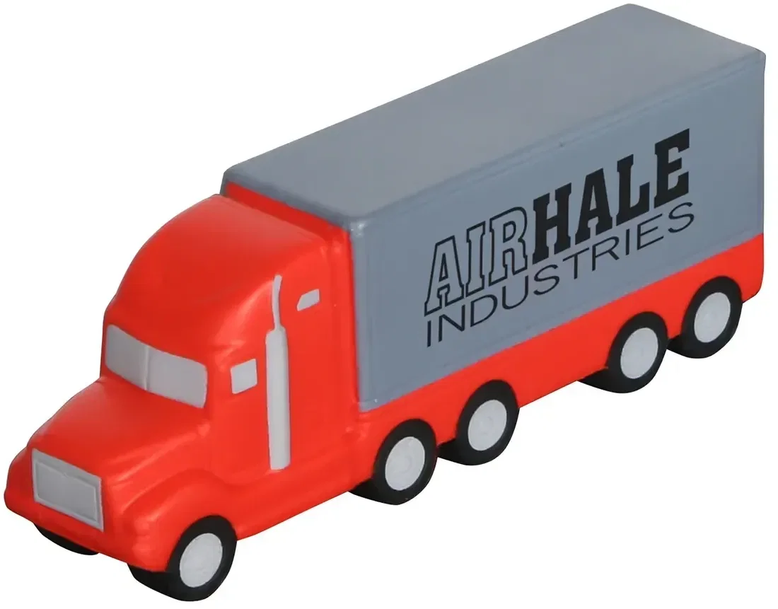 Branded semi truck stress reliever squeeze toy, side profile showing cab and trailer
