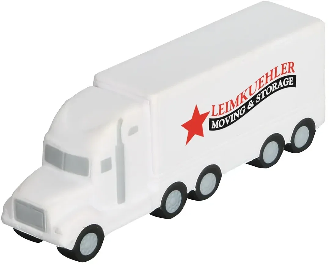 Branded semi truck squeeze toy, close-up of the trailer logo imprint area