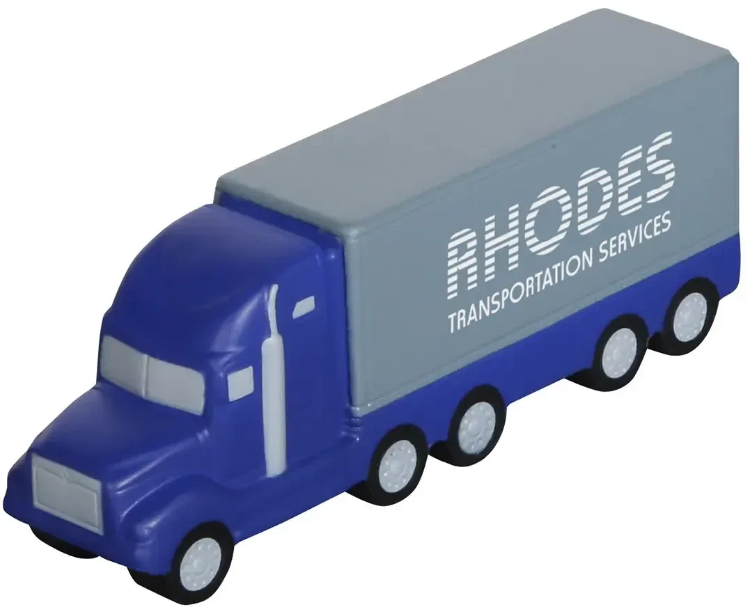 Branded semi truck stress reliever, rear angled view of the promotional squeeze toy