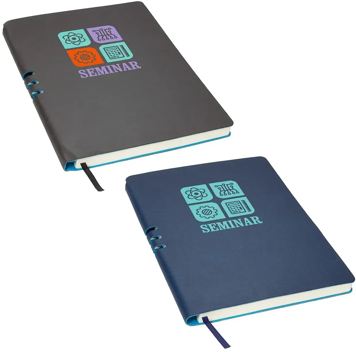 Custom branded Seminar soft-cover journal, front cover of the promotional journal with pen holder and logo