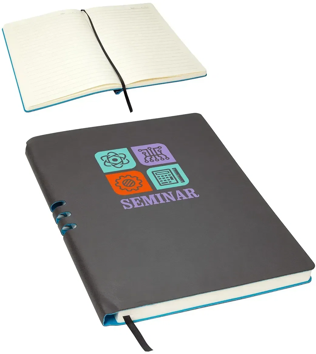 Open pages of the promotional Seminar soft-cover journal, custom branded leatherette notebook for meetings