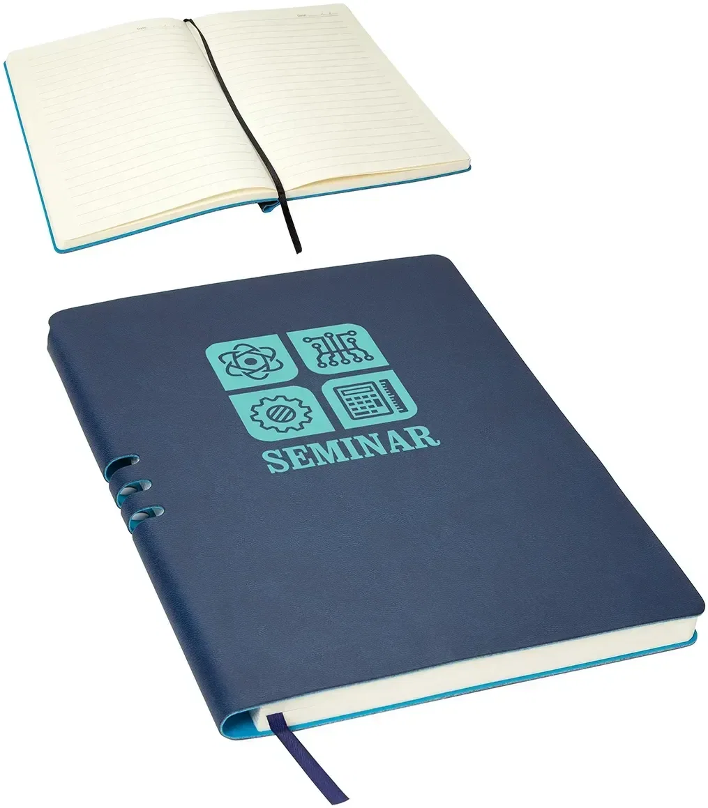 Close-up of the branded Seminar journal pen holder on the spine, custom promotional journal detail