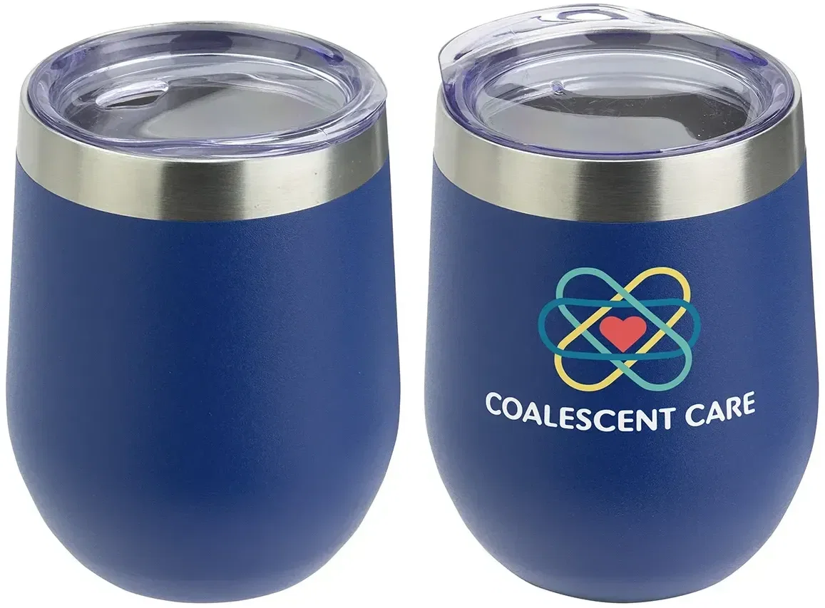 SENSO branded insulated wine tumbler held in hand, custom 10 oz wine tumbler