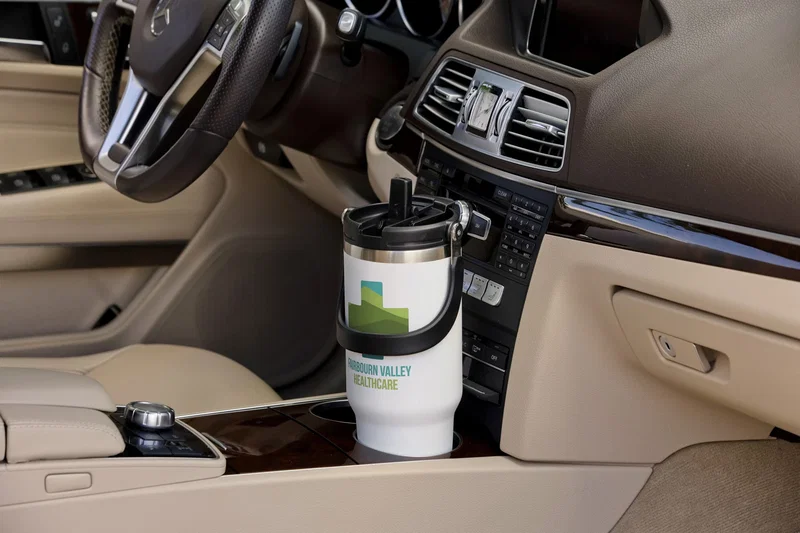 Close-up of the custom SENSO Venture DuoFlow Tumbler's logo imprint area, one size option
