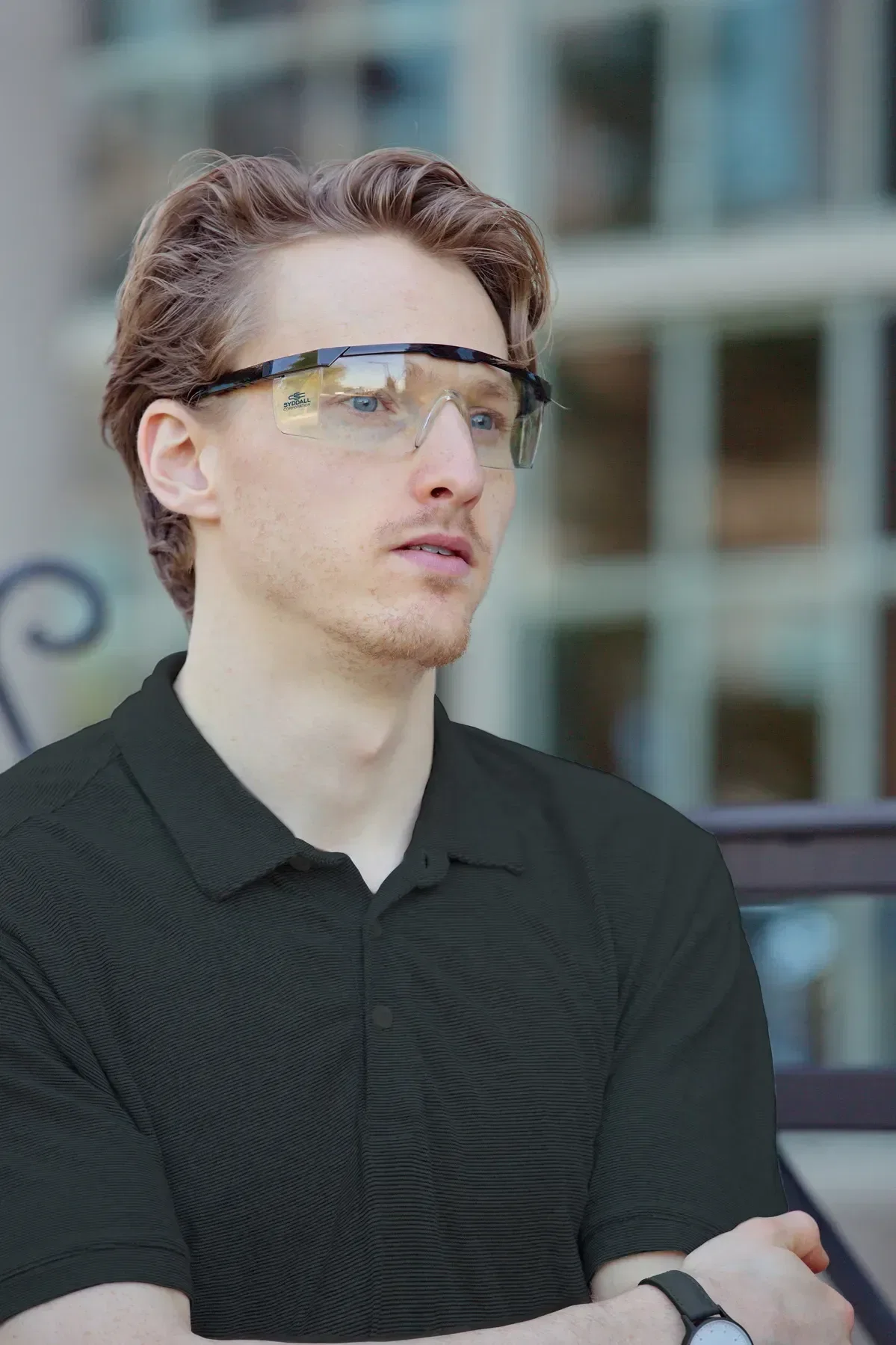 Branded Sentry safety glasses, side profile showing side-shield protection