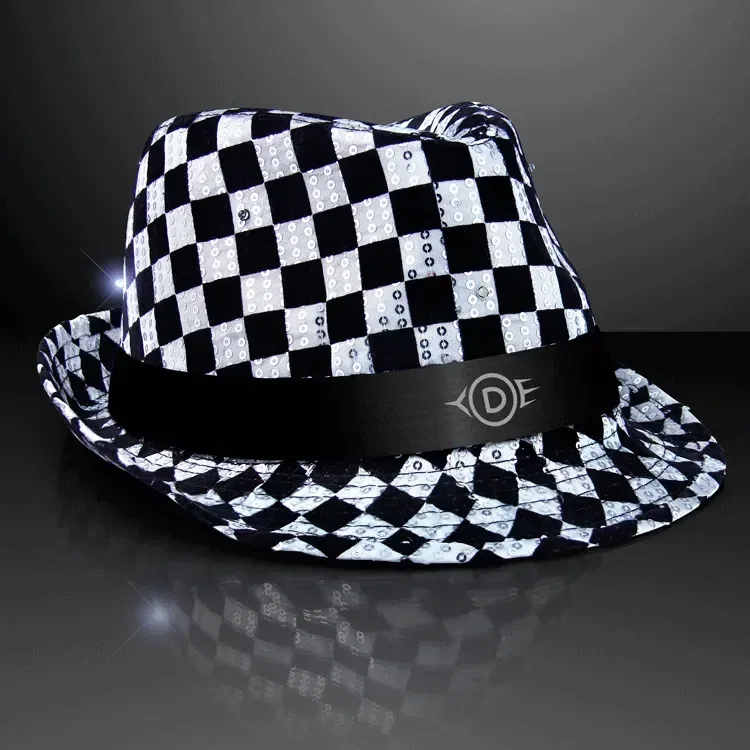 Sequin Checkered Flashing Fedoras with Black Bands