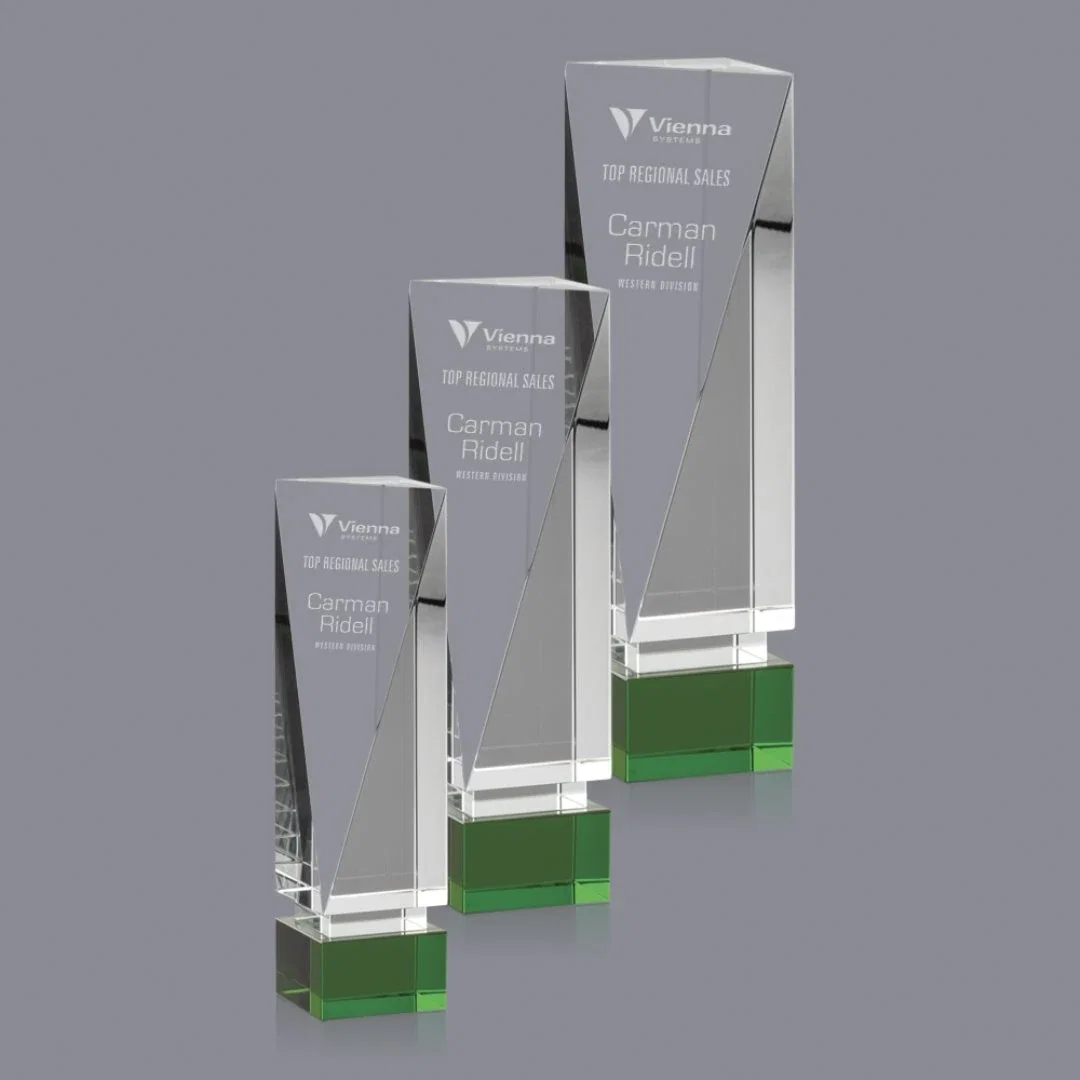 Custom Leaning Optical Crystal Tower Award with Emerald Inlay, awards for employee recognition