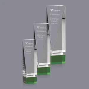 Leaning Optical Crystal Tower Award with Emerald Inlay