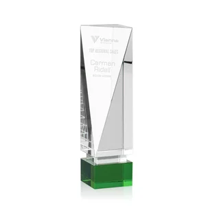 Leaning Optical Crystal Tower Award with Emerald Inlay
