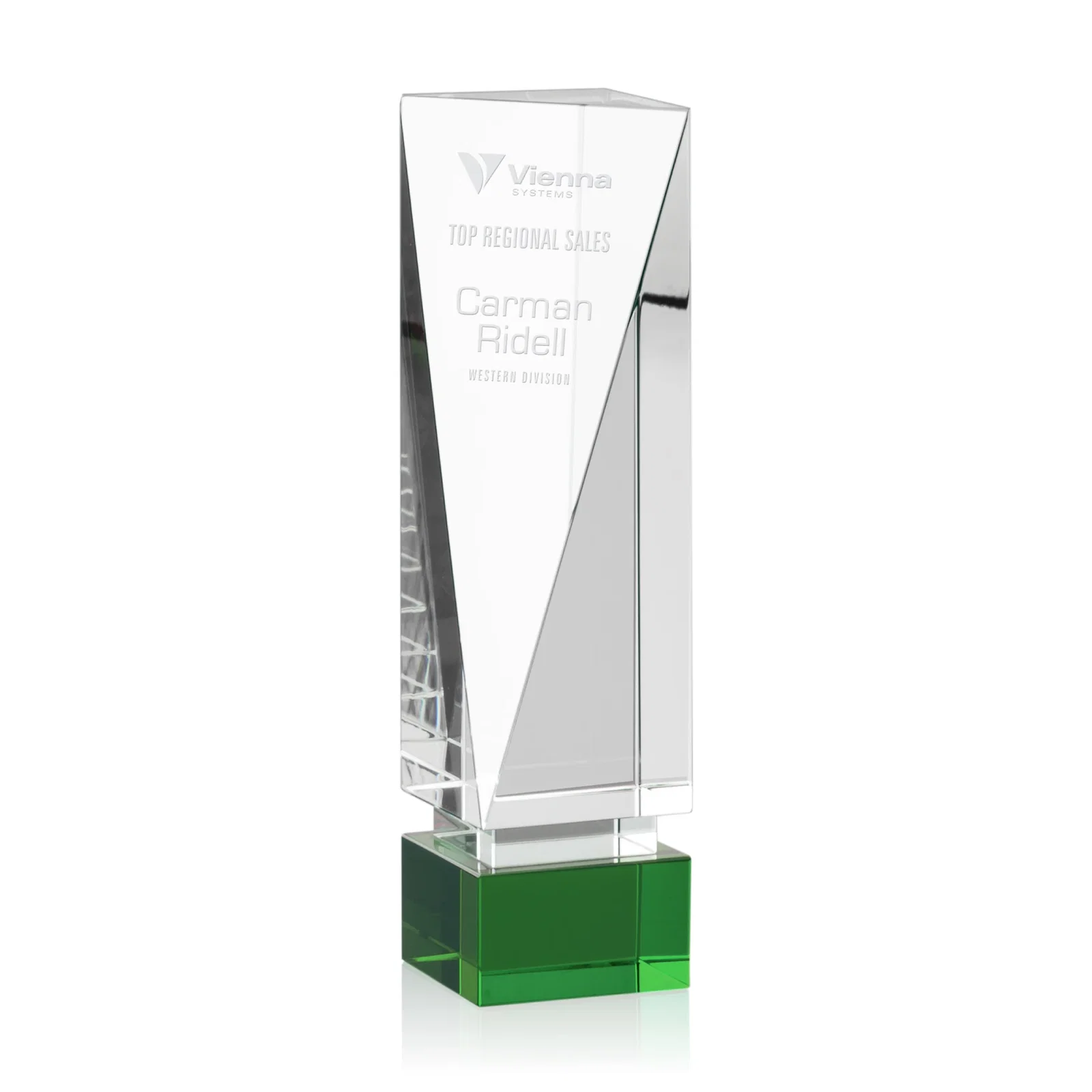 Custom Leaning Optical Crystal Tower Award with Emerald Inlay, awards for service anniversary gifts