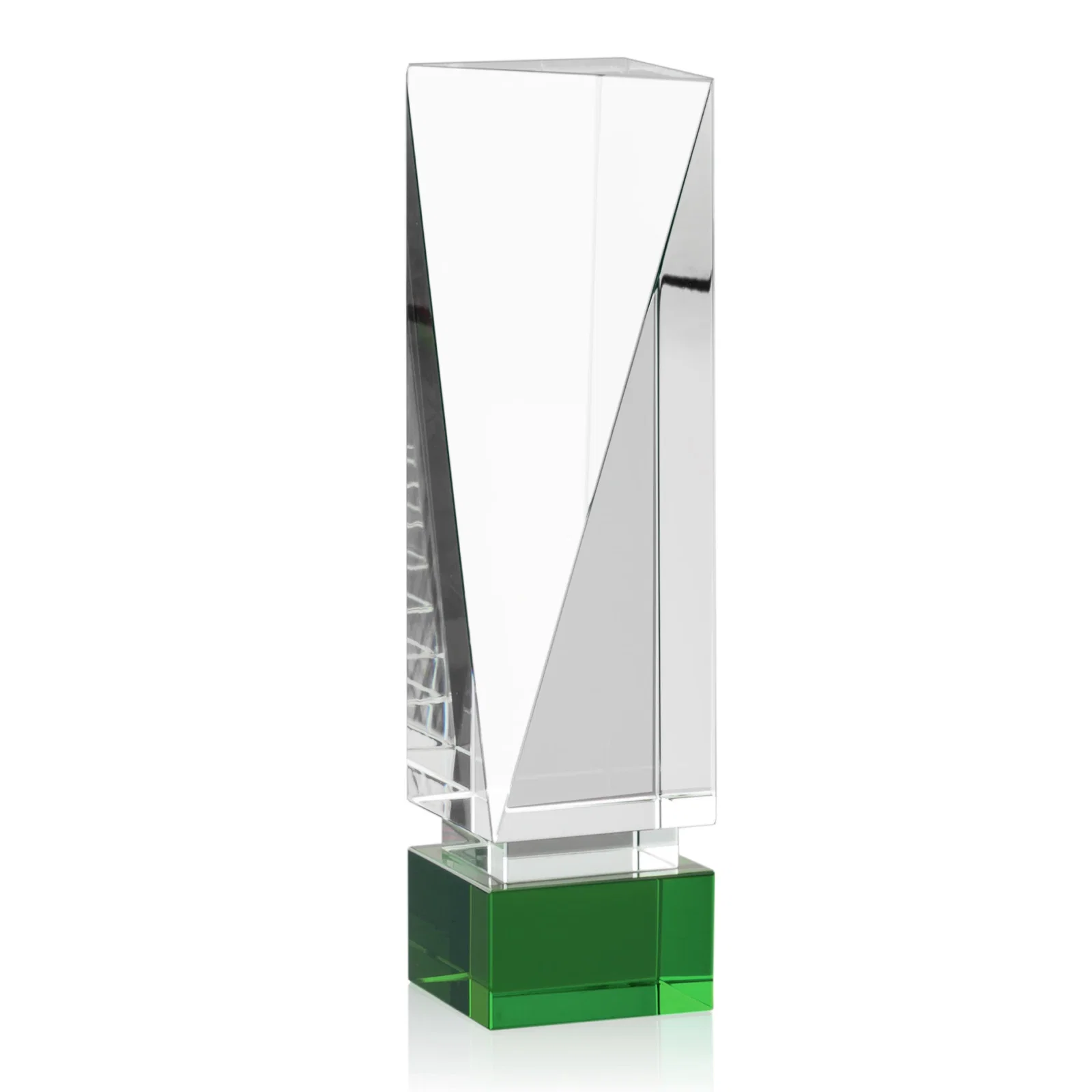Custom Leaning Optical Crystal Tower Award with Emerald Inlay, awards for donor appreciation