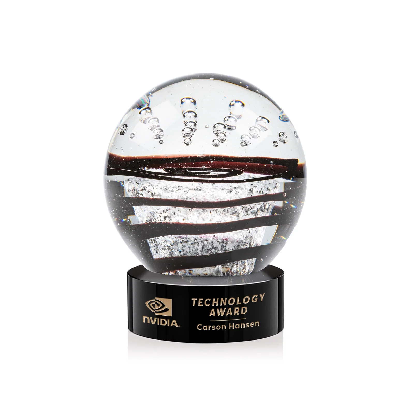 Custom Art Glass Sphere Award With Flowing Pattern and Suspended Bubbles for corporate award ceremonies