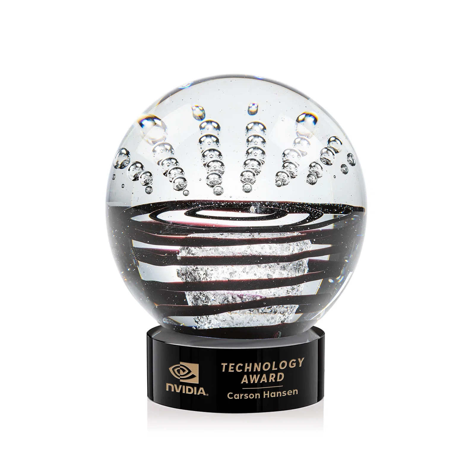 Custom Art Glass Sphere Award With Flowing Pattern and Suspended Bubbles for service anniversary gifts